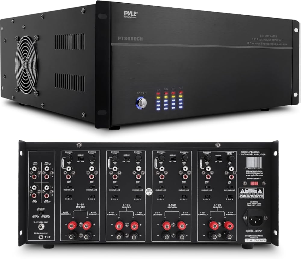 Pyle 4 Multi-Zone Stereo Amplifier - 19” Rack Mount, Powerful 8000 Watts with Speaker Selector Volume Control & LED Audio Level Display, 4-Ch. Bridgeable Switches - PT8000CH