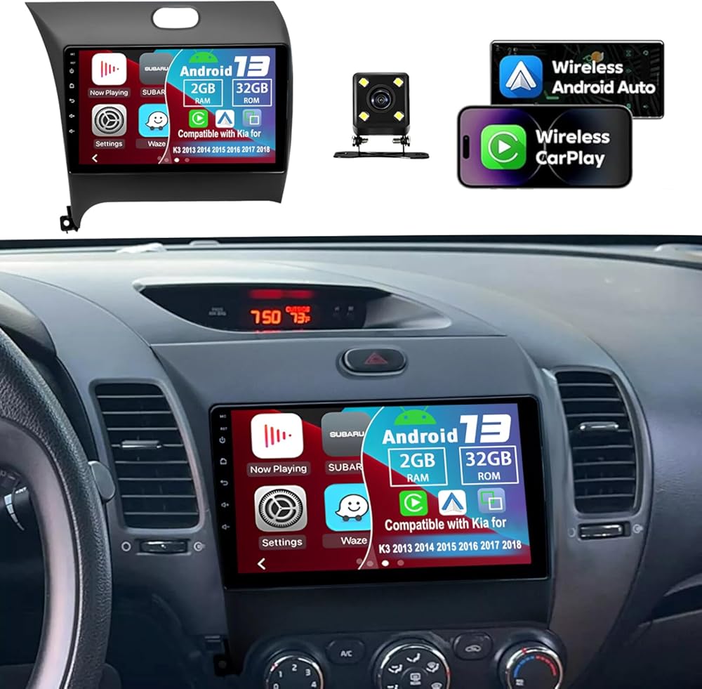 9 Inch CarPlay Android 13 Car Stereo with Android Auto,Slakerbe MP5 Player 2+32GB Car Radio Monitor with WiFi USB FM Backup Camera Compatible for Kia K3 2013 2014 2015 2016 2017 2018