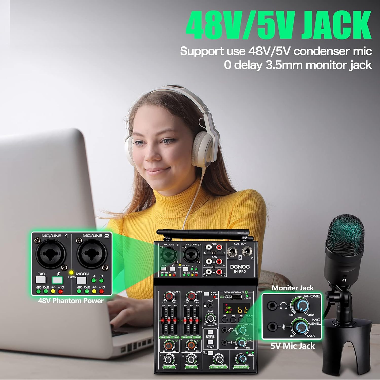 Professional Audio Mixer, 4 Channel Sound Mixer With Dual Wireless Mic, Sound Board Console MP3 Bluetooth 48V Phantom Power USB Interface DJ Mixing for Home Karaoke Party Computer Studio Recording