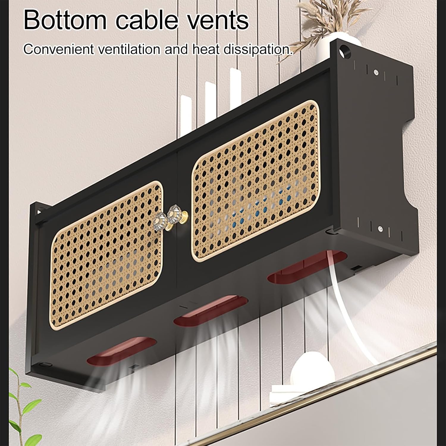 Wall-Mounted Rattan WiFi Router Shelf, Decorative Modem & Cable Organizer Box, Cable Power Plug Wire Storage Boxes, Invisible Storage Multi-Layer Shelves for Home(Black,60*11*23cm/24*4.3*9in)