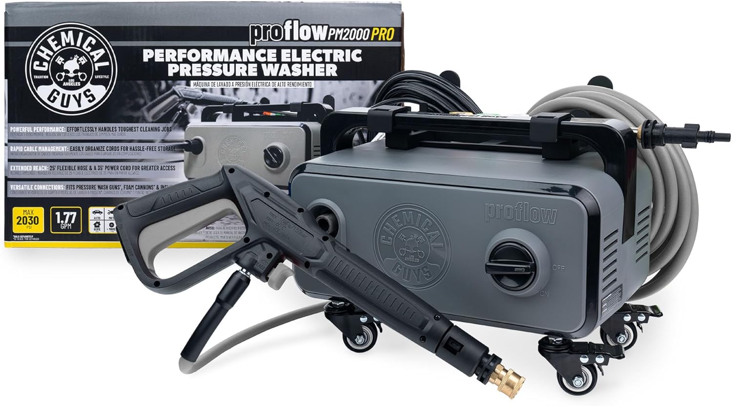 Chemical Guys Electric Pressure Washer PM2000 PRO – 2030 PSI, 1.77 GPM, 25’ Flex Hose, Compact Design, 360° Casters, Standard Connections, Cable Storage – EQP411