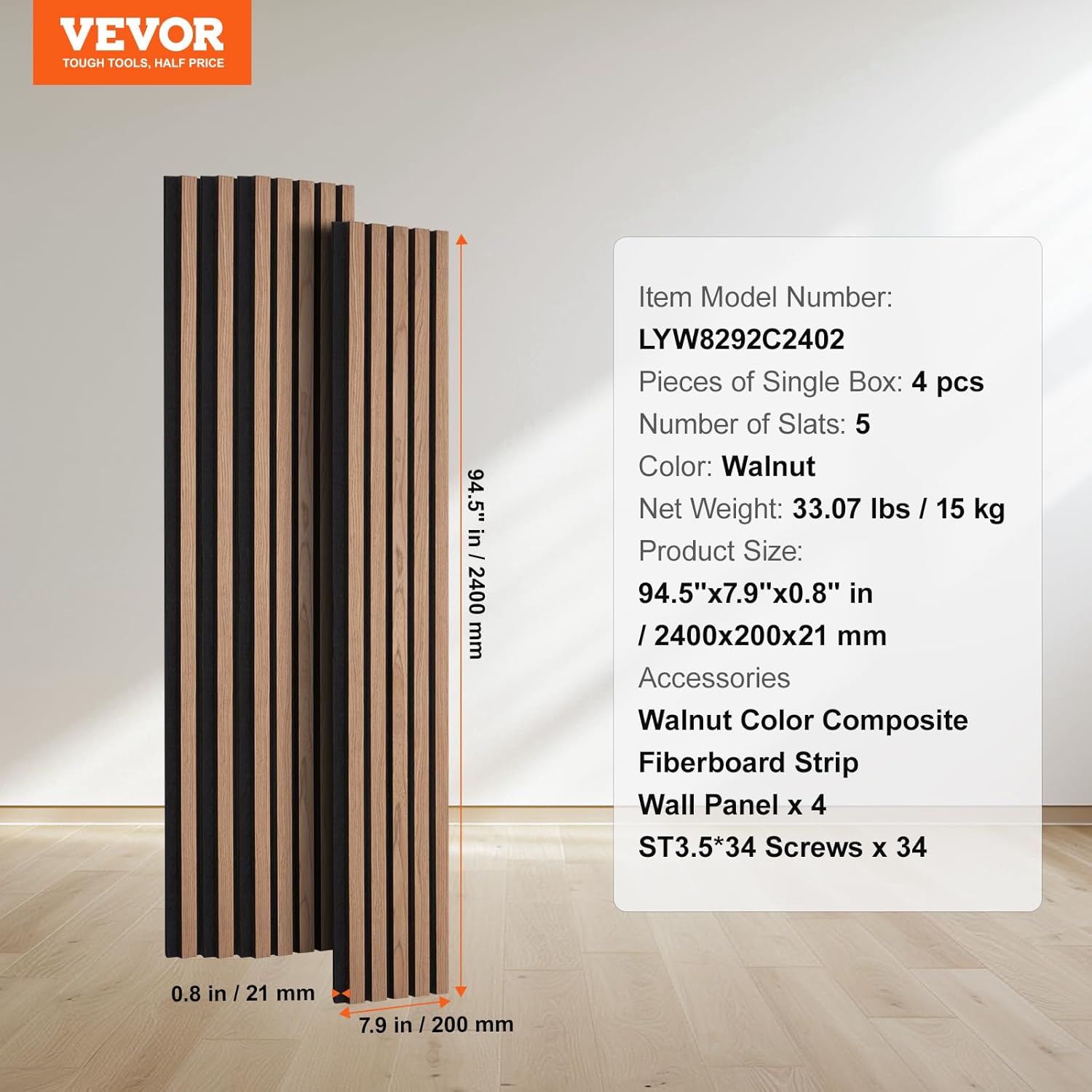 VEVOR Wood Slat Acoustic Panels, 7.9 x 94.5 in, 4-Piece MDF Accent Wooden Wall Panels, Faux Wood Wall Board Panels for Modern Interior Decor and Noise Reduction, Walnut