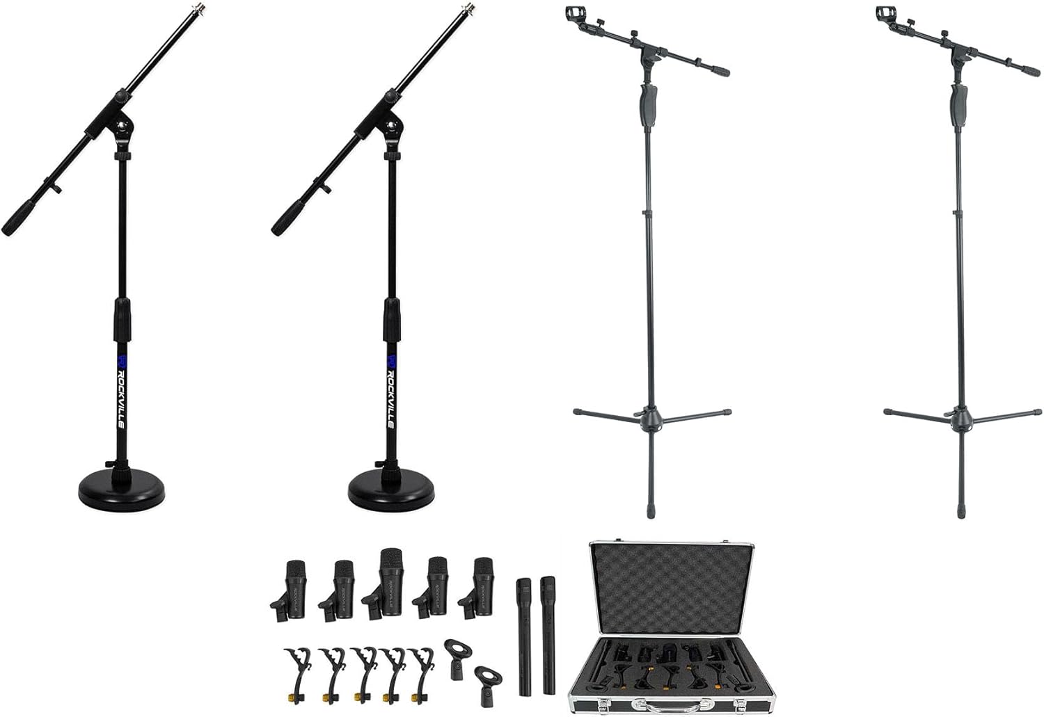 Rockville PRO-D7 Kit Bundle: 7-Piece Drum Microphone Set with Bass, Snare, and Overhead Condenser Mics, (2) RVMIC3 V2 Tripod Boom Stands, (2) Kick Drum Amp Mic Stands with Round Base, 5-Items