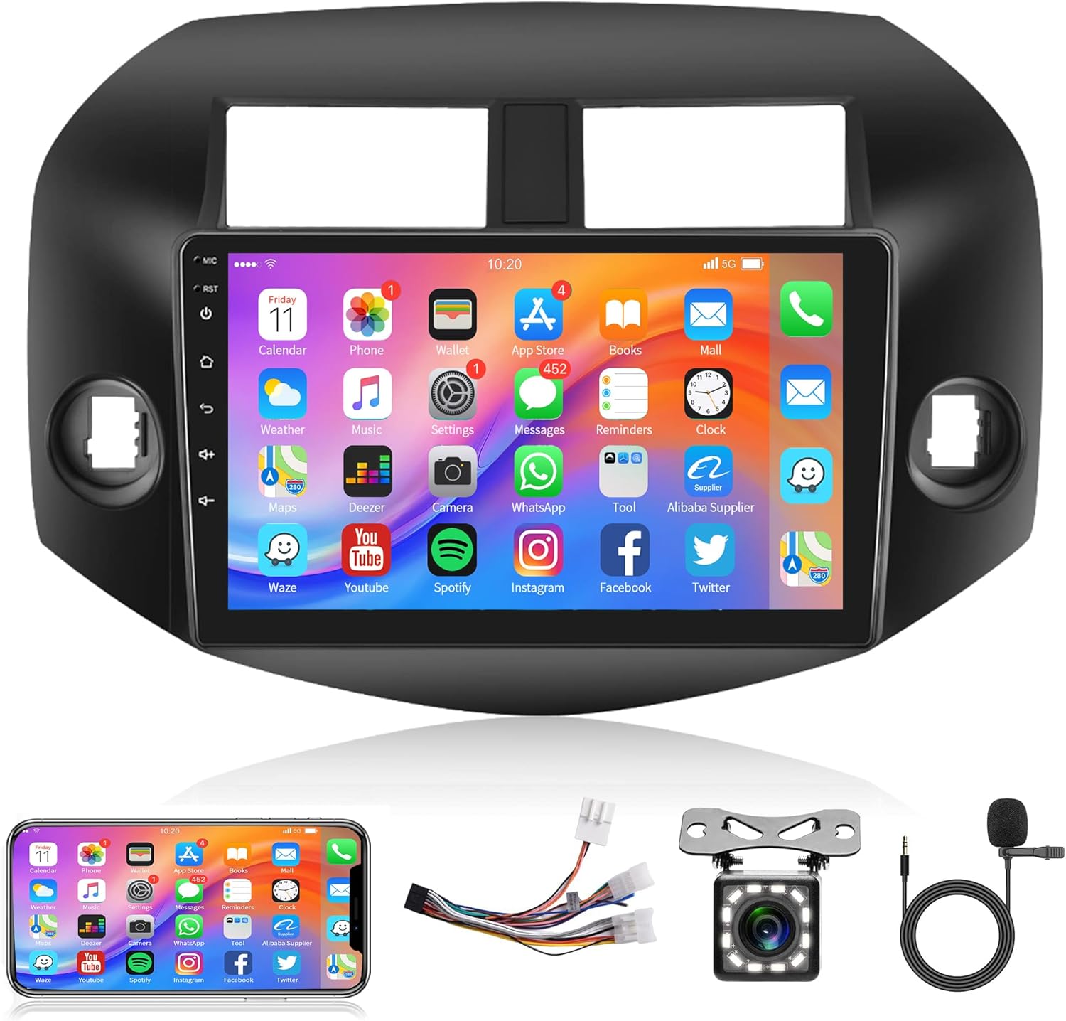 Rimoody Android Car Stereo Radio for Toyota RAV4 2007 2008 2009 2010 2011 with Mirror Link, 10.1 inch Touchscreen GPS Bluetooth WiFi FM RDS EQ+ Backup Camera