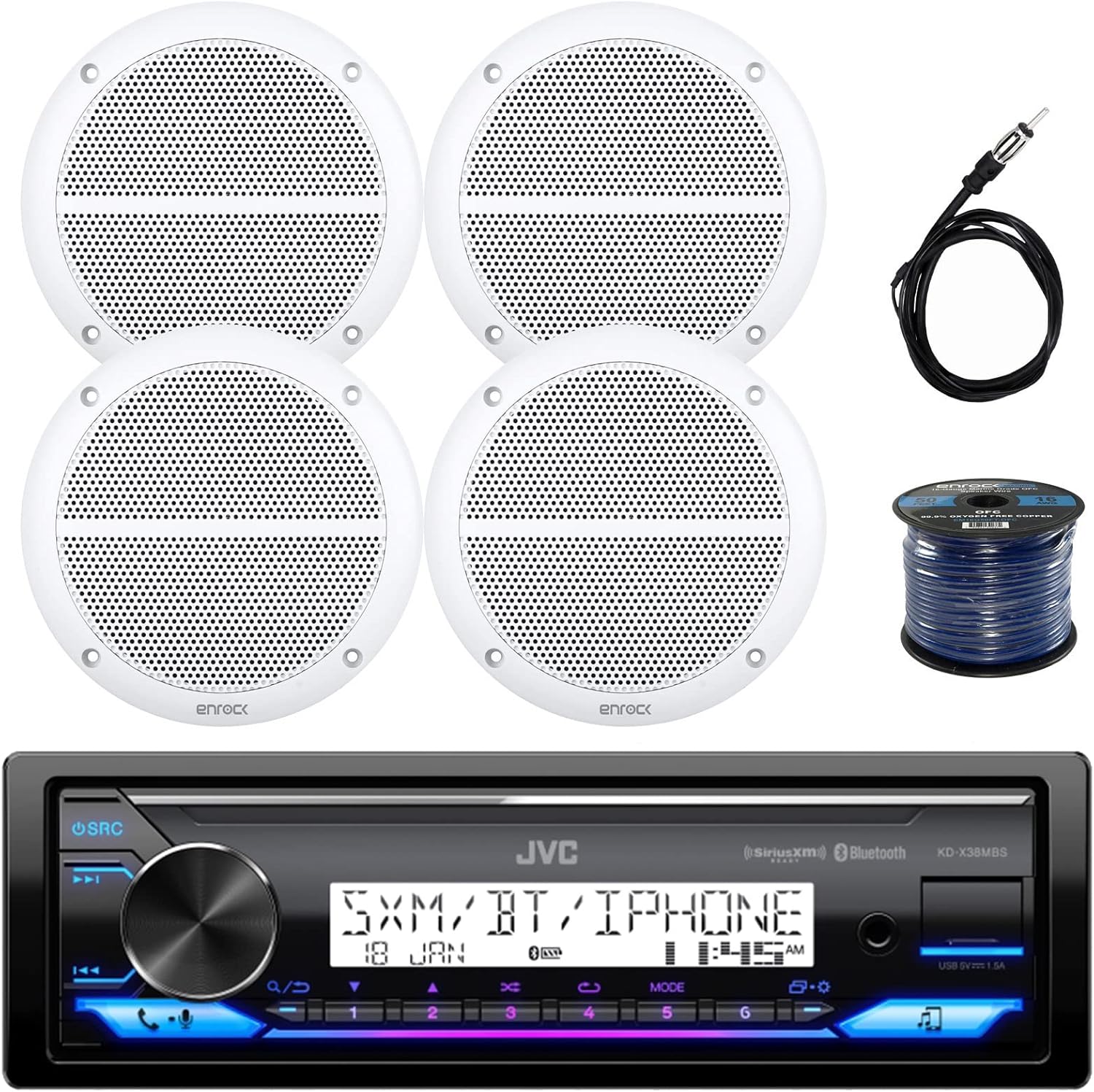 Single DIN in-Dash Marine Boat Audio Bluetooth USB Receiver Bundle Combo with 4X Enrock 6.5