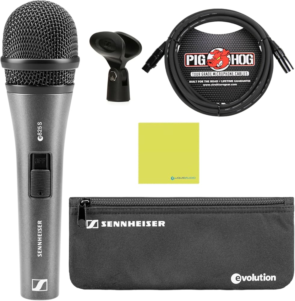 Sennheiser E825-S Cardioid Dynamic Vocal Microphone Bundle w/Pig Hog PHM10 8mm Mic Cable Polishing Cloth