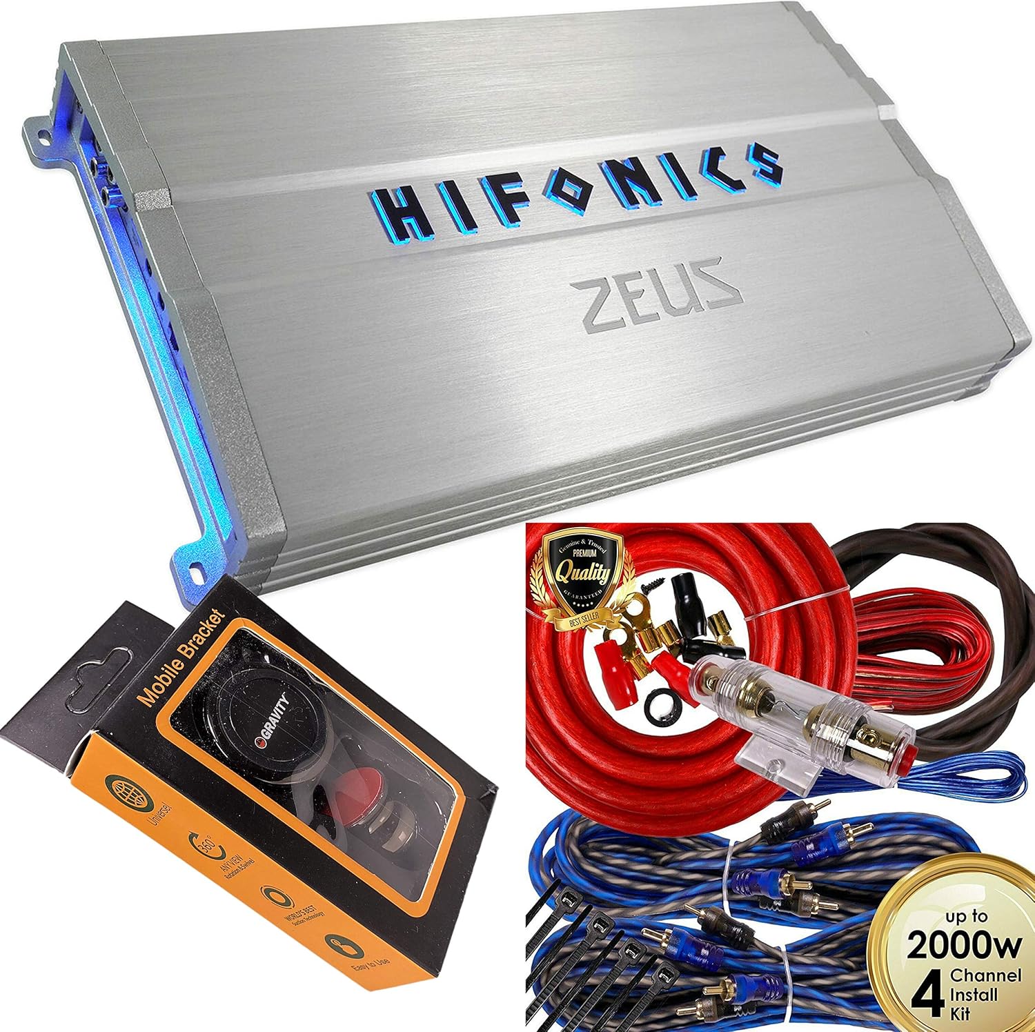 Hifonics ZG-1200.4 Zeus Gamma 1200w 4-Channel Car Audio Amplifier Class A/B Amp with 4 Channels 4 Gauge Amplifier Kit Red and Gravity Magnet Phone Holder Bundle