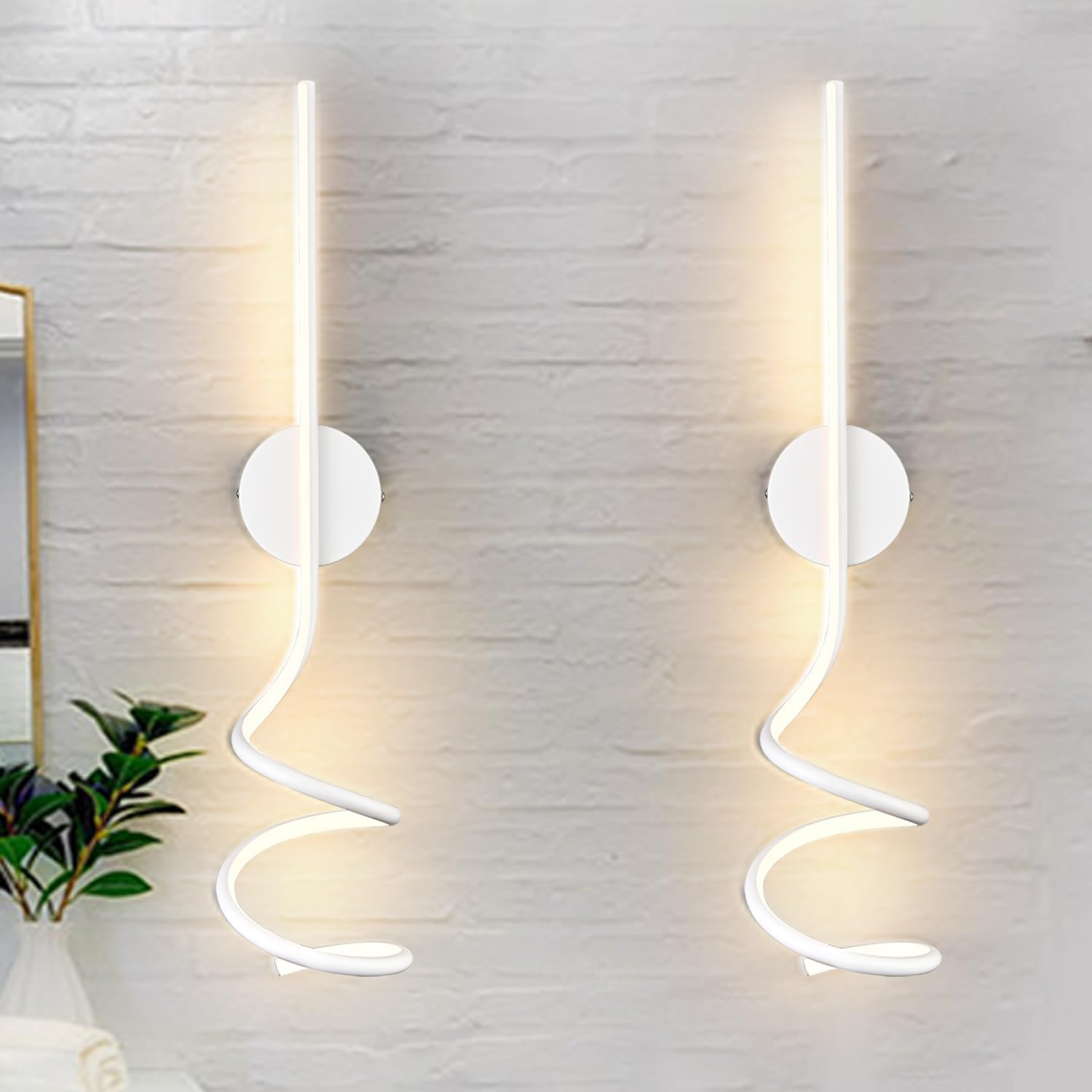 Wall Sconces Set of Two, White Modern Spiral LED Wall Light Fixtures, Hardwire Minimalist Indoor Wall Mount Lighting, Linear Sconces Wall Light Set of 2 for Living Room Bedroom Vanity Gallery Hallway