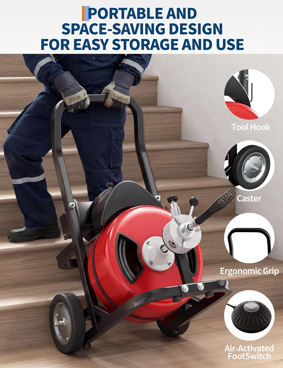 Portable 370W Electric Drain Cleaner Machine with 100FT x 1/2 Inch Steel Core Cable, Sewer Auger, Cutter, Air-Activated Foot Switch, and Wheels for Commercial and Home Use