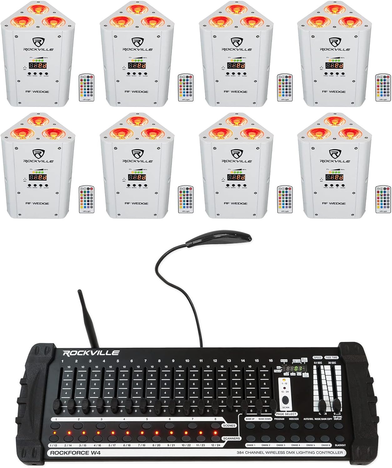 Rockville RF Wedge White Bundle: (8) 54-Watt RGBWA and UV Battery Wireless DMX Par Up Lights with RF Remote, ROCKFORCE W4 384-Channel Wireless DMX Lighting Controller with MIDI, 9-Items