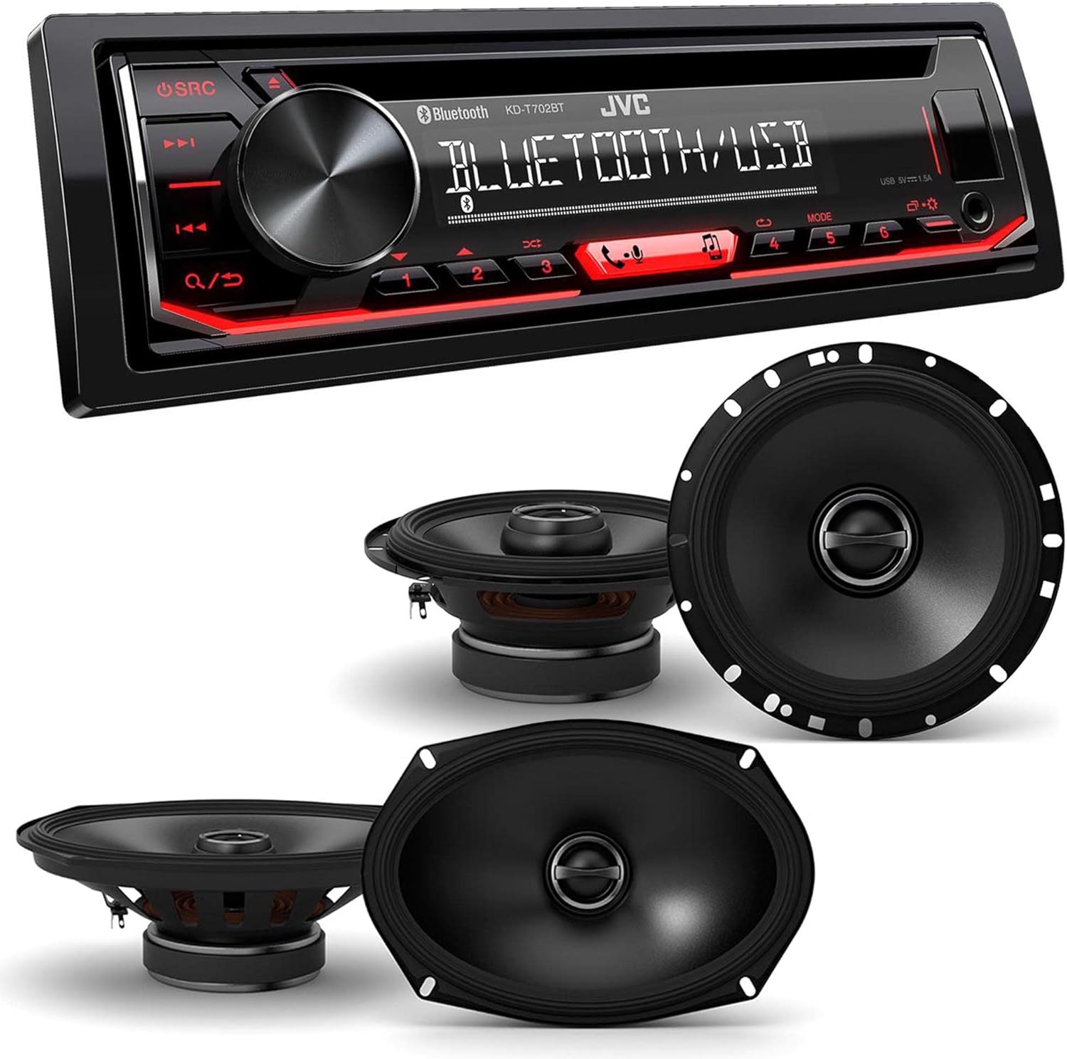 JVC KD-T720BT 1-DIN CD Receiver with Bluetooth Wireless Technology and USB/AUX Input with Alpine 1 Pair S-S65 6.5