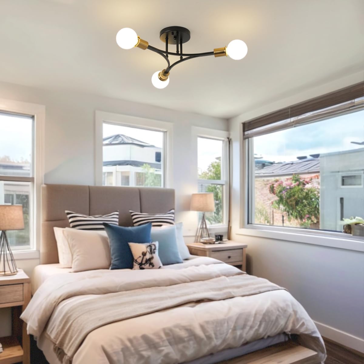 3-Lights Modern Sputnik Semi Flush Mount Ceiling Light Fixture Black and Gold,Mid Centur Sputnik Chandelier for Entryway,Hallway,Bedroom,Kitchen,Dining Room,Living Room(Bulbs Not Included)