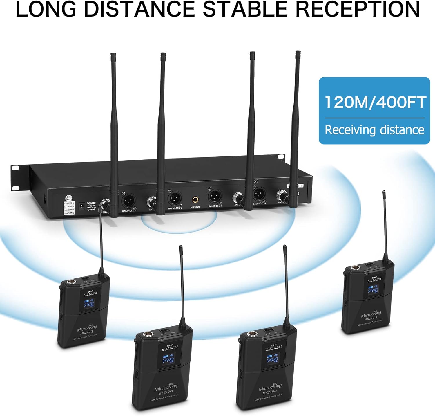 MicrocKing UHF Wireless Microphone System Cordless Lapel/Headset/Lavalier Mic(4 Bodypacks), Fixed Frequency, Long Range 400ft, Ideal for Party Church Conference Speech