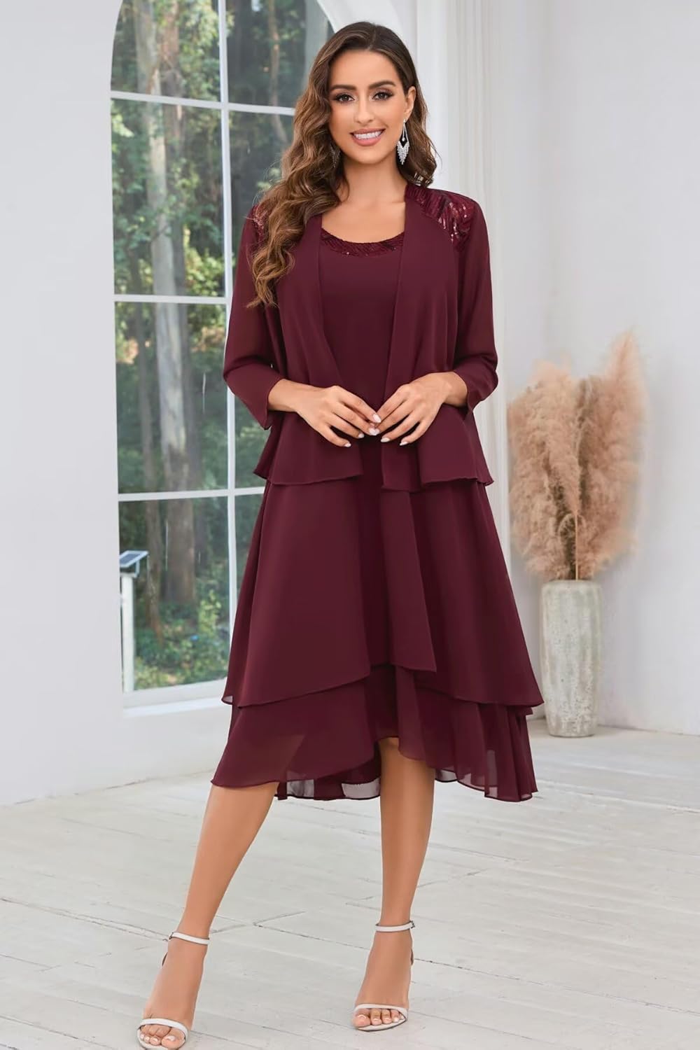 BANTRATIC 2 Pieces Mother of The Bride Dresses for Wedding 3/4 Sleeve Knee Length Hi-Lo Chiffon Sequin Formal Party Gown