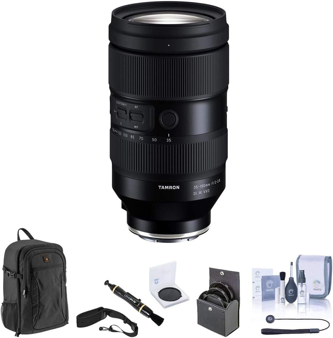 Tamron 35-150mm f/2-2.8 Di III VXD Lens for Sony E Bundle with Backpack, 82mm Filter Kit, 82mm VND Filter, Camera Strap, Lens Cleaner, Cleaning Kit, Universal Lens Cap Tether