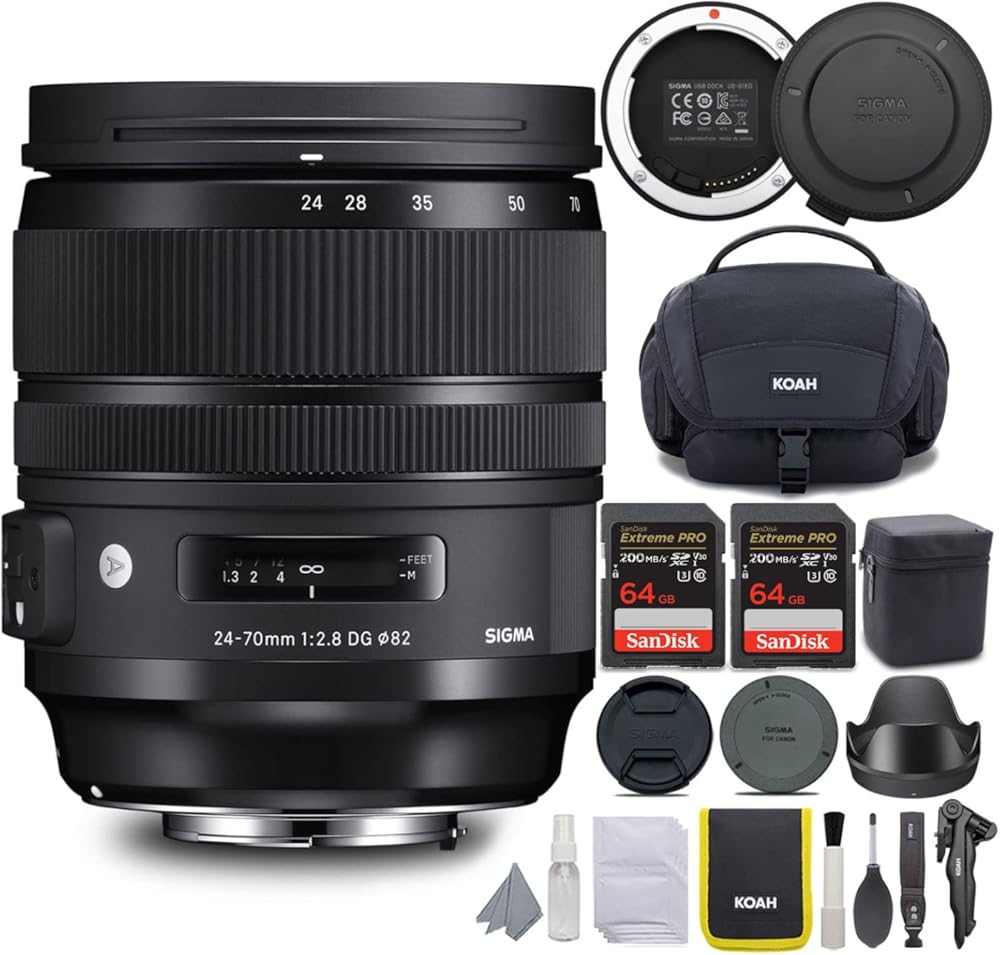 Sigma 24-70mm f/2.8 DG OS HSM Art Canon EF Lens Bundle with USB Dock, 64GB SD Memory Card, and Camera System Gadget Bag with Accessory and Cleaning Kit (5 Items)