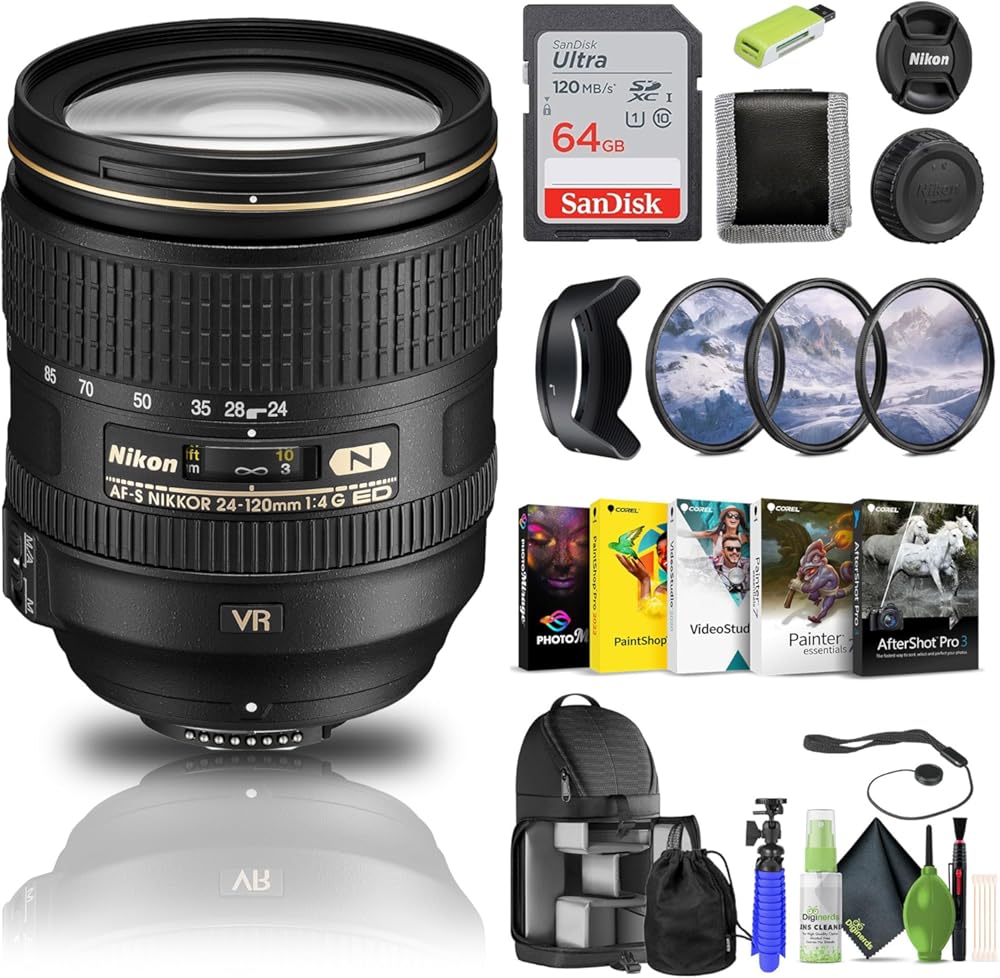 Nikon AF-S NIKKOR 24-120mm f/4G ED VR Lens (2193) + 64GB Memory Card + Filter Kit + Backpack + Card Reader + Corel Photo Software + Flex Tripod + Memory Wallet + Cap Keeper + Cleaning Kit (Renewed)