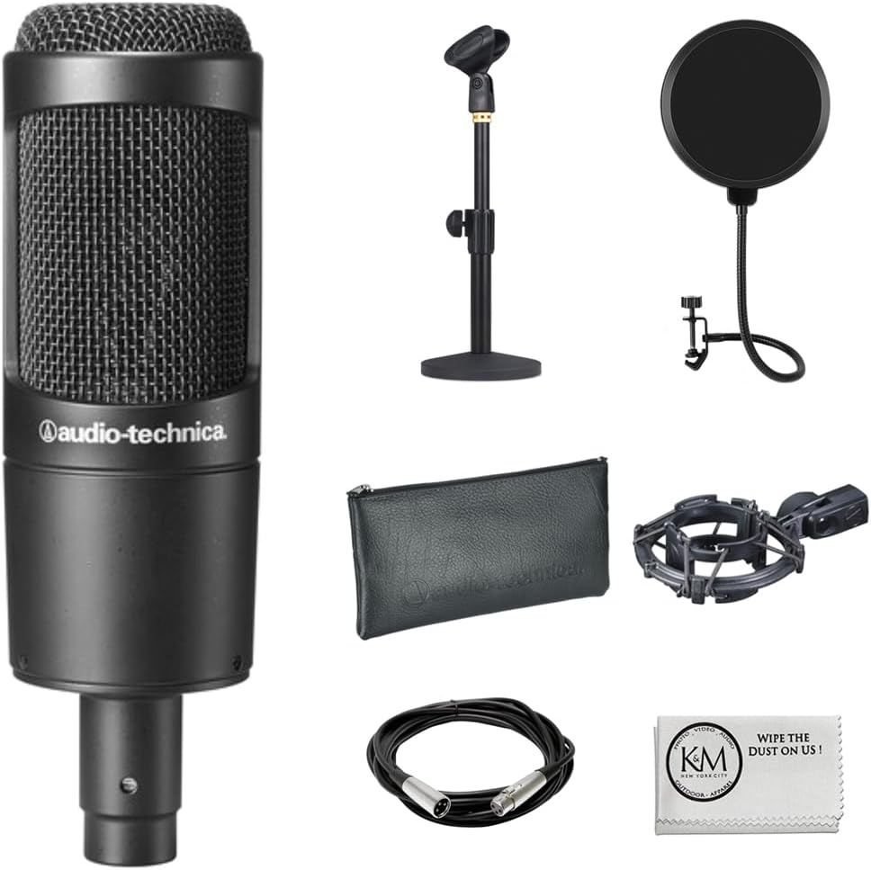 Audio-Technica AT2035 Cardioid Condenser Microphone Bundle with Pop Filter + XLR Cable + Microphone Desktop Stand + Microfiber Cleaning Cloth (5 Items)