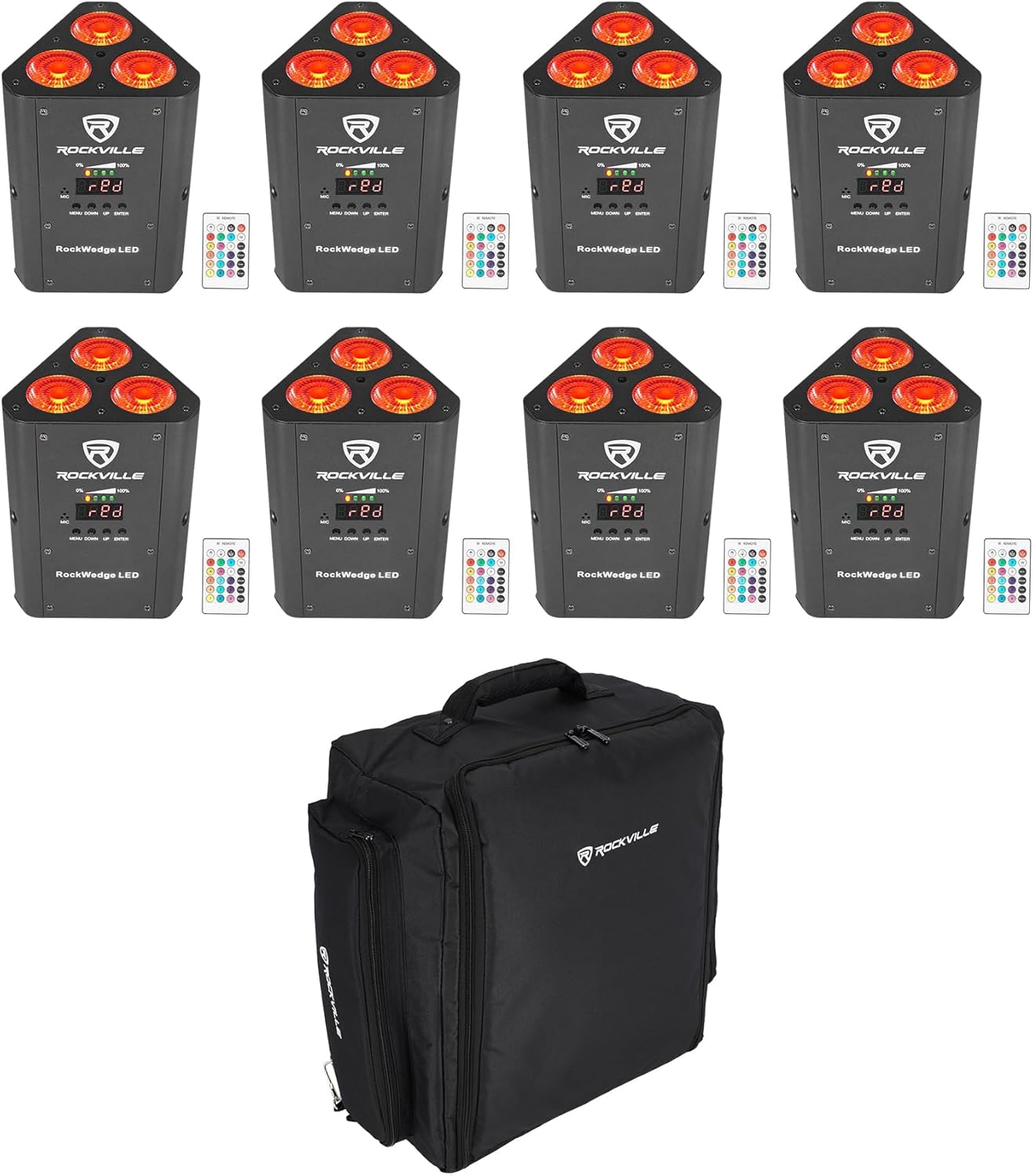 8 Rockville RockWedge LED 54w RGBWA+UV Rechargeable Wireless DMX Lights+Backpack