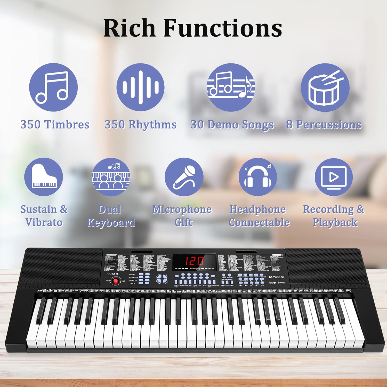 Vangoa 61-Key Light-Up Keyboard Piano for Beginners, 350 Tones & Timbres, 3 Teaching Modes, With Microphone, Black