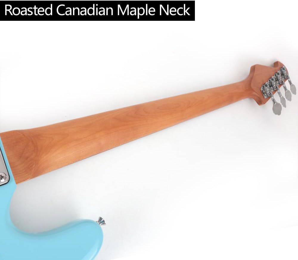Fojill Full Size Standard Electric Bass Guitar Four 4 String Right Hand Handed Basswood Body Roasted Canadian Maple Neck Genuine Rosewood Fretboard Fingerboard with Gig Bag (Blue)