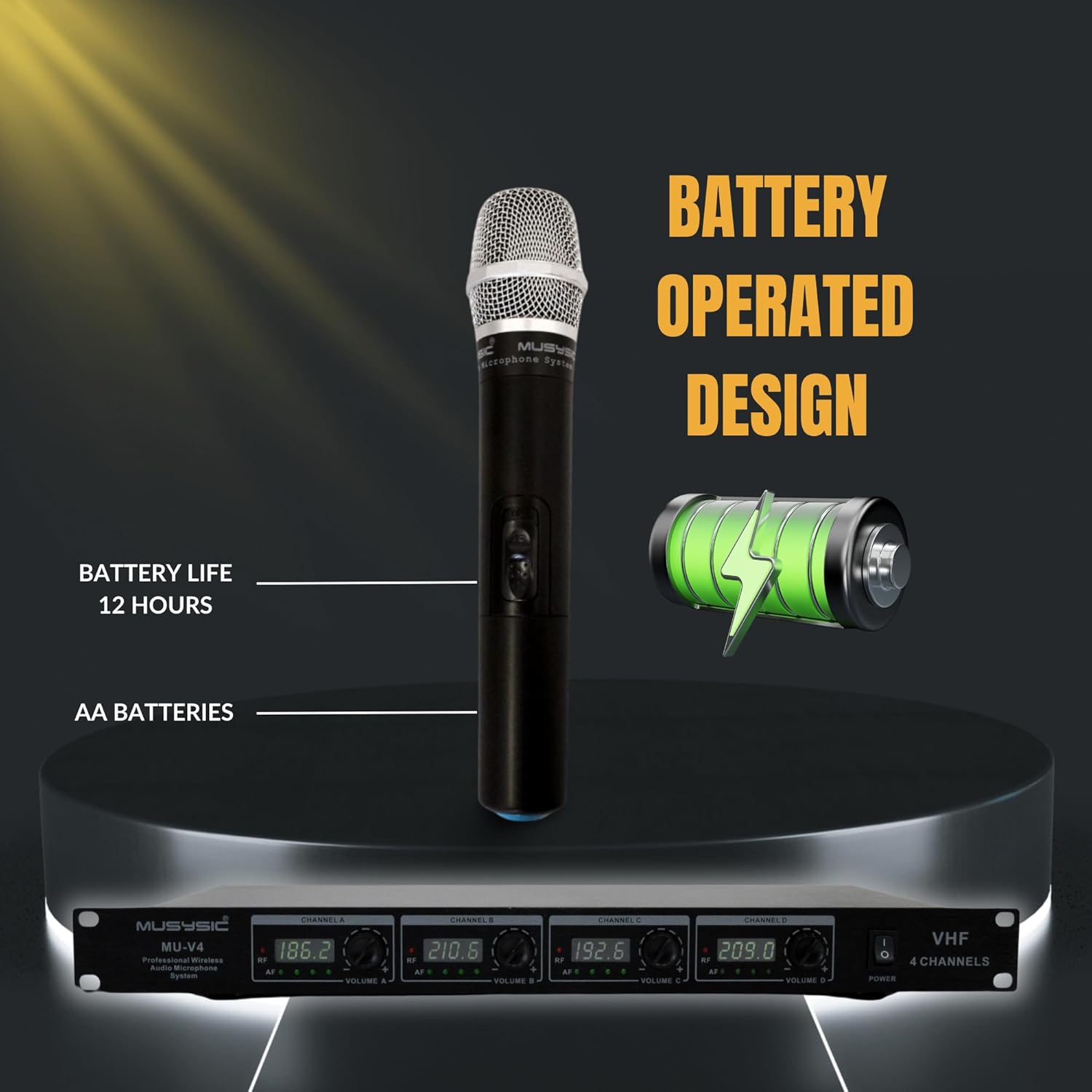 MUSYSIC 4-Channel Professional VHF Handheld Wireless Microphone System Metal Receiver, Long Range for Church, Wedding, Party, Meeting, Party, Karaoke