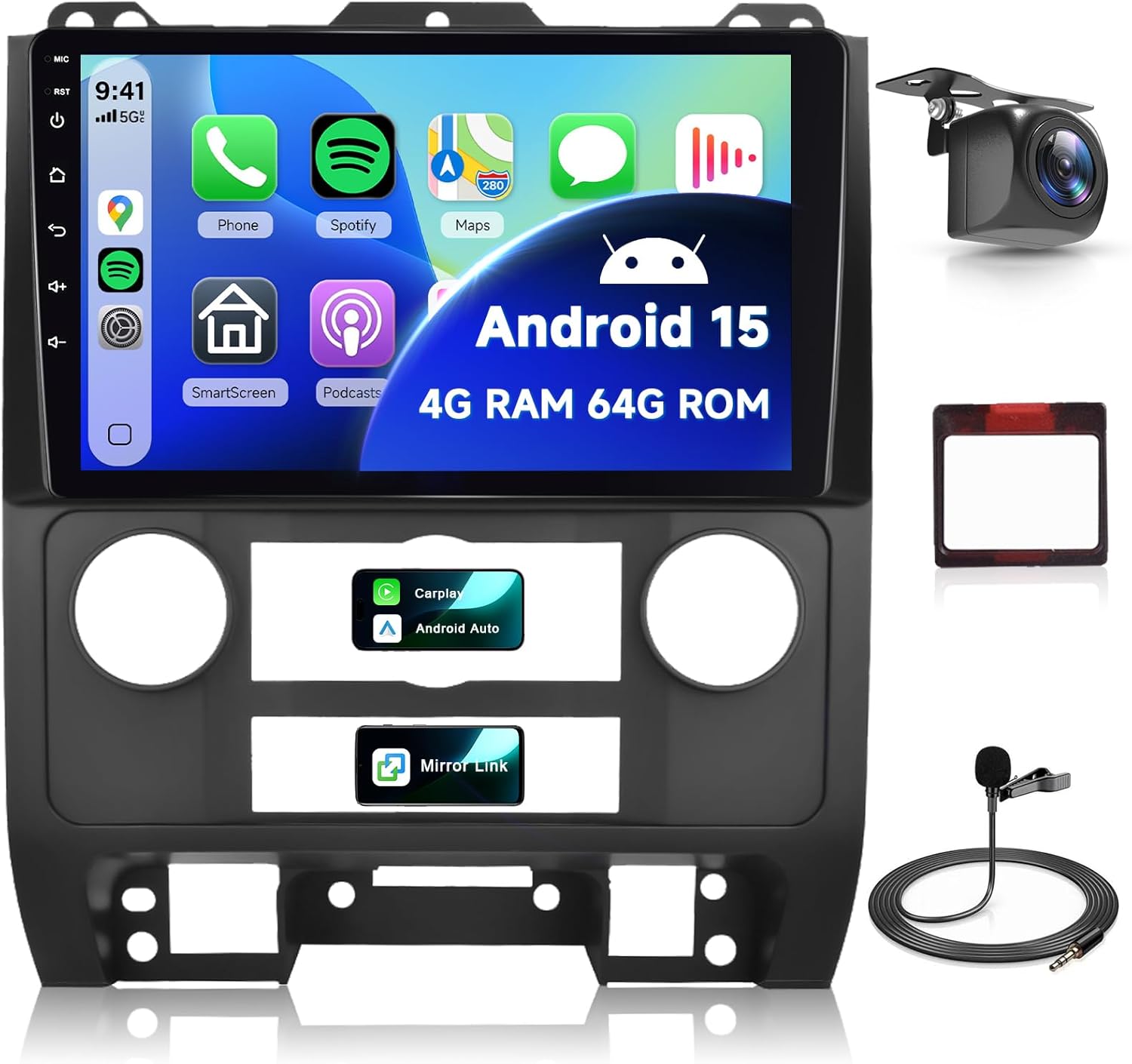 4G+64G 9'' Android 15 Car Stereo for Ford Escape Kuga Mazda Tribute 2007-2012 IPS Touchscreen Screen Car Radio with Wireless Carplay/Android Auto/DSP, Sellrich BT5.0 GPS WiFi FM SWC Backup Camera