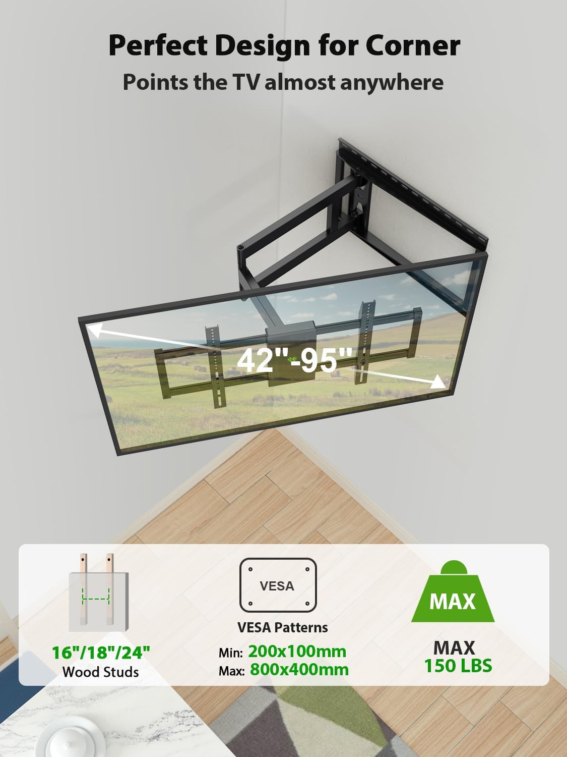 USX Mount Heavy Duty Long Arm TV Wall Mount for Most 42-95 inch tv 40 Inch Extension Full Motion TV Mount，Wall Mount Bracket with Swivel and Tilt, Up to 150lbs Fits 16” 18” 24” Stud VESA 800x400mm