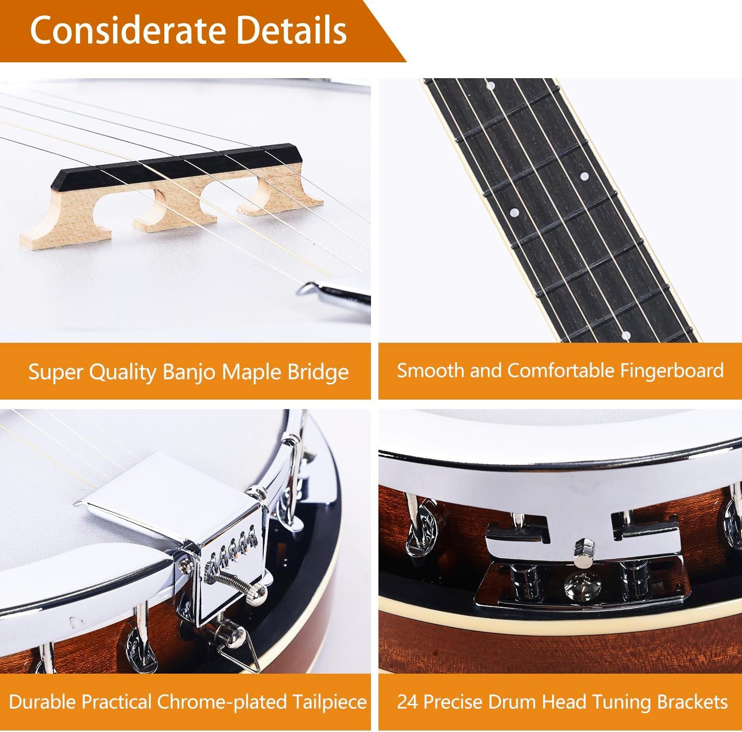 ADM Banjo 5 String Full Size Acoustic Electric Banjoes Set Remo Drum, Geared 5th Pegs Beginner Banjo Kit w/EQ Resonator Open or Closed Back, Starter Package Accessories Online Lessons for Adult,Brown