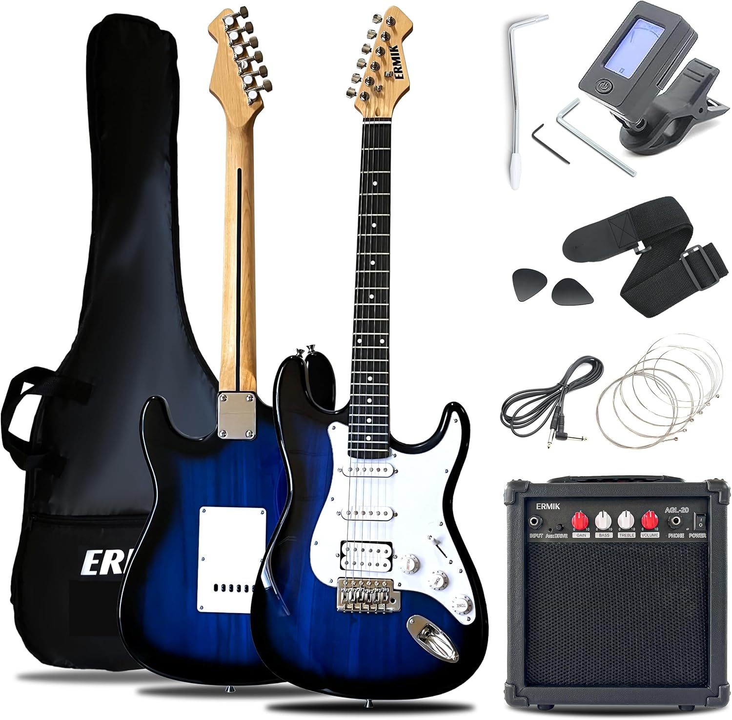 Ermik Soild Body Electric Guitar Kit with Amp 20W, Strings, Strap, Digital Tuner, Picks, Gig Bag, Cable, Tremolo Bar, 39