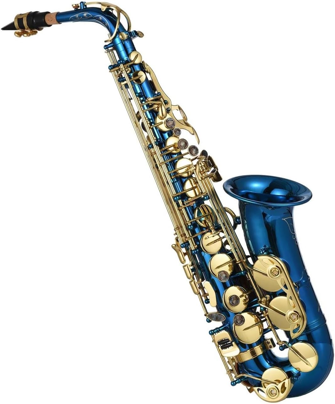 Blue Woodwind Instrument Brass Engraved Eb E-Flat Alto Saxophone Sax Buttons Wind Instrument With Case Gloves Belt Brush