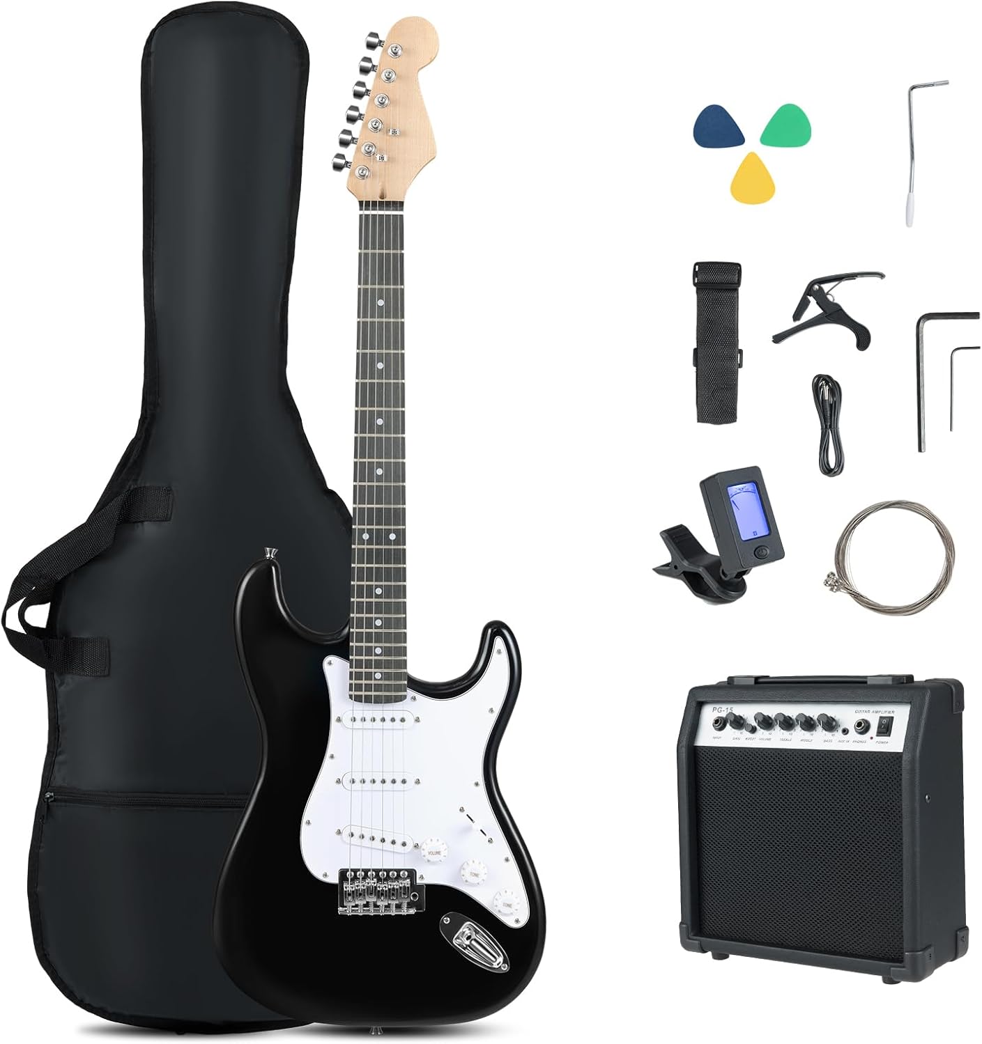 Costzon 6 String Electric Bass Guitar with AMP, 39” Full Size Beginner Bass Guitar Kit with SSS Pickups, Gig Bag, Strap, Digital Tuner, Capo, Picks & Cable for Starter (Black)