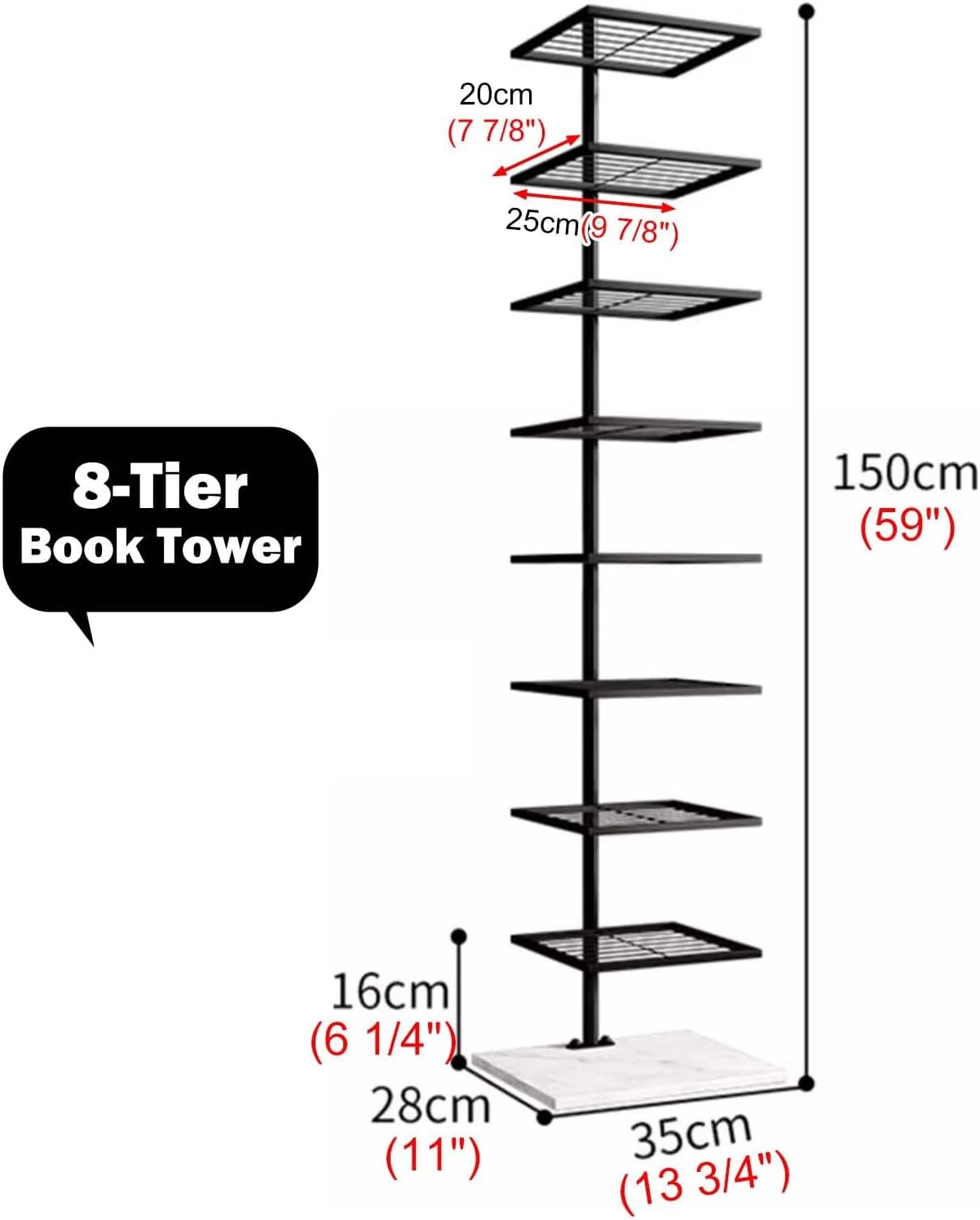 Black Floor Bookshelf for Home Office, Modern Spine Book Tower Display Shelves, Vertical Metal Floating Bookcase with Base, Easy to Assemble(8-Tier 150cm (59