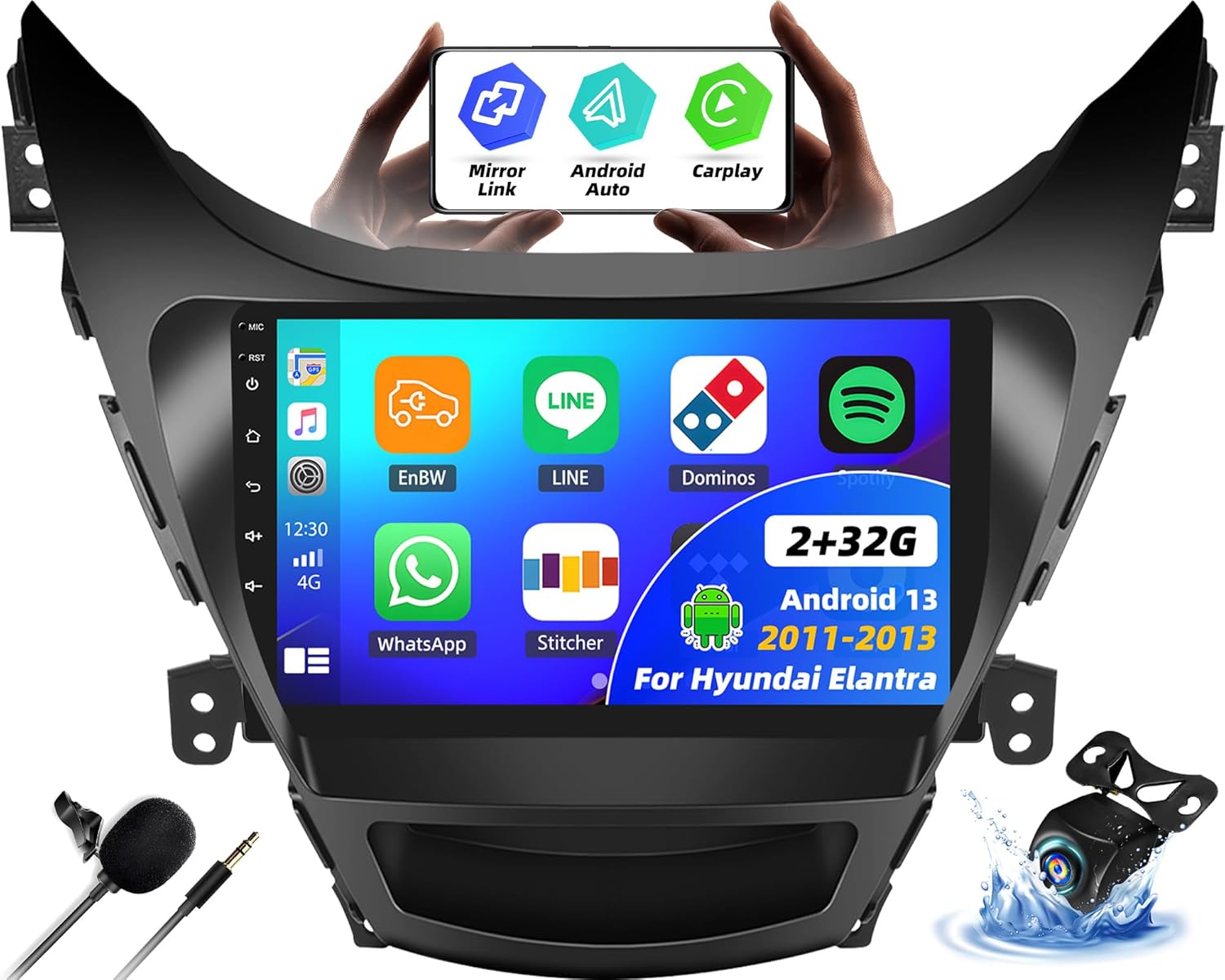 CAMECHO Radio for 2011 2012 2013 Hyundai Elantra, Android 13 Car Stereo with Wireless Carplay & Android Auto, 2+32G 9