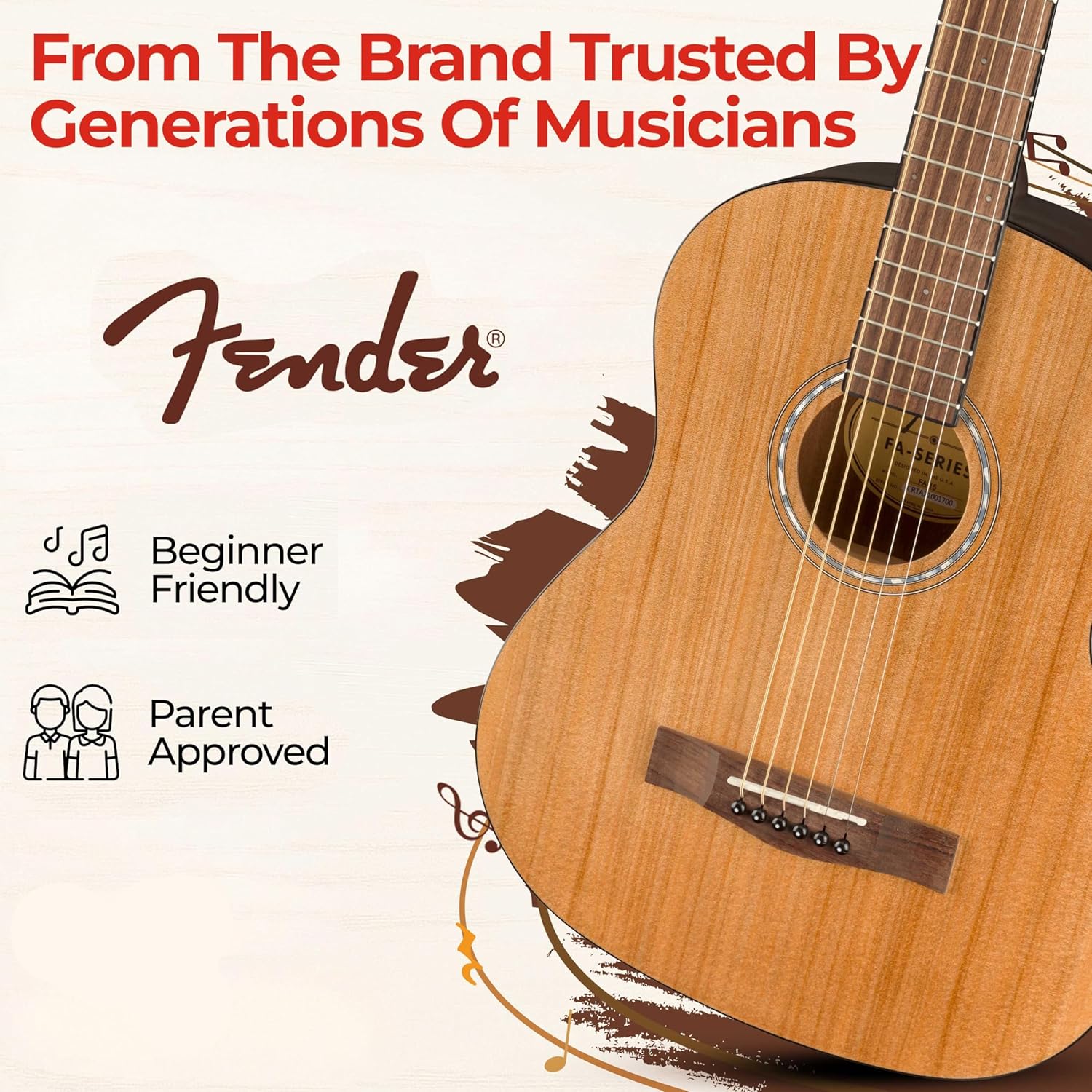 Fender FA-15 3/4-Scale Kids Steel String Acoustic Guitar - Natural Bundle with Gig Bag, Tuner, Strap, Picks, and Austin Bazaar Instructional DVD