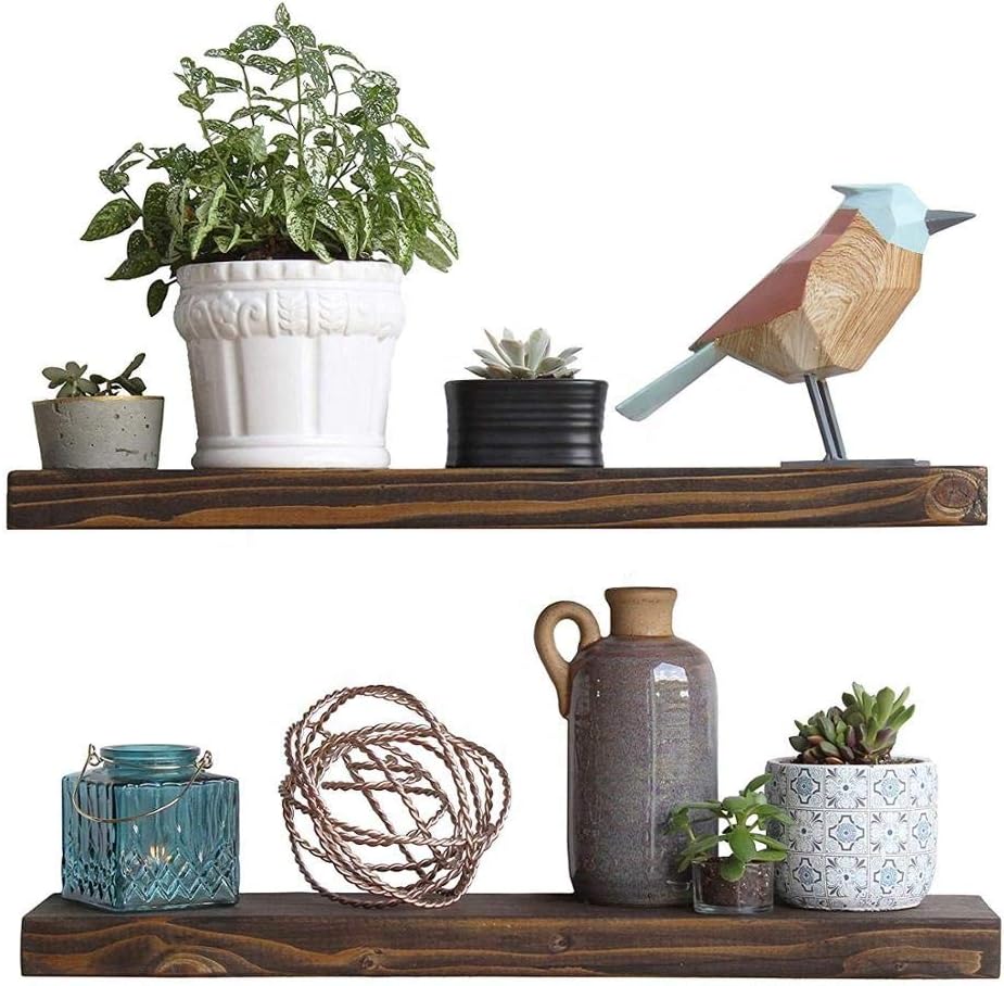 Floating Shelves Wood Floating Shelves Set - New England Handcrafted Rustic Pine Kitchen Office Bedroom Wall Mounted Smooth Finish Organizers 2 Pack (1.5'' x 7.5'' x 24'' & 36”) (Espresso, 24'')