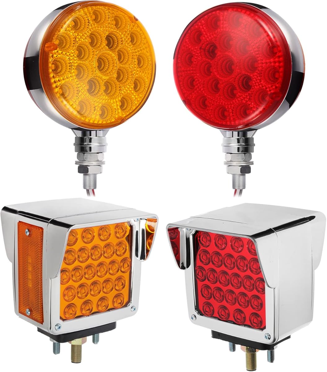 Partsam 2x Truck Trailer 52LED Red/Amber Square Double Face Pedestal Fender Stop Turn Tail Lights 3 Stud Mount Bezel Visor and 2x Round Red/Amber Double Face Led Pedestal Lights with Reflectors 42LED