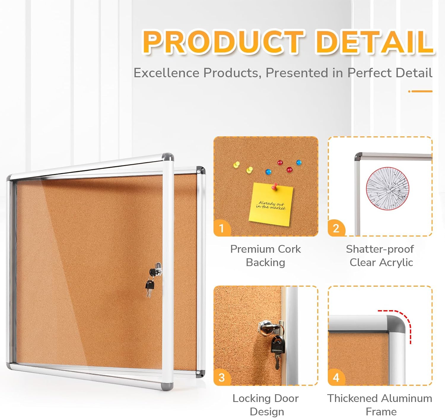 Enclosed Cork Bullletin Board 28x26 in, Tamperproof Display Case with Locking Door for Office School Home Store, Wall Mount, Silver Aluminum Frame (6xA4)