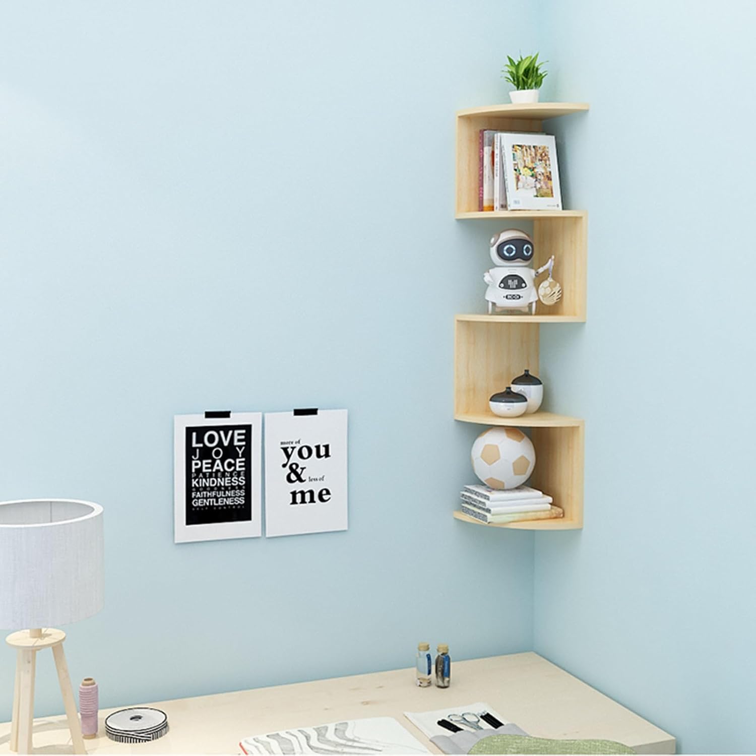 3-7 Tier Corner Wall Shelves, Floating Corner Bookshelf Wall Mount for Bedrooms, Living Rooms, Fit 90-Degree Wall Corners,Wood-5 Tier(L)