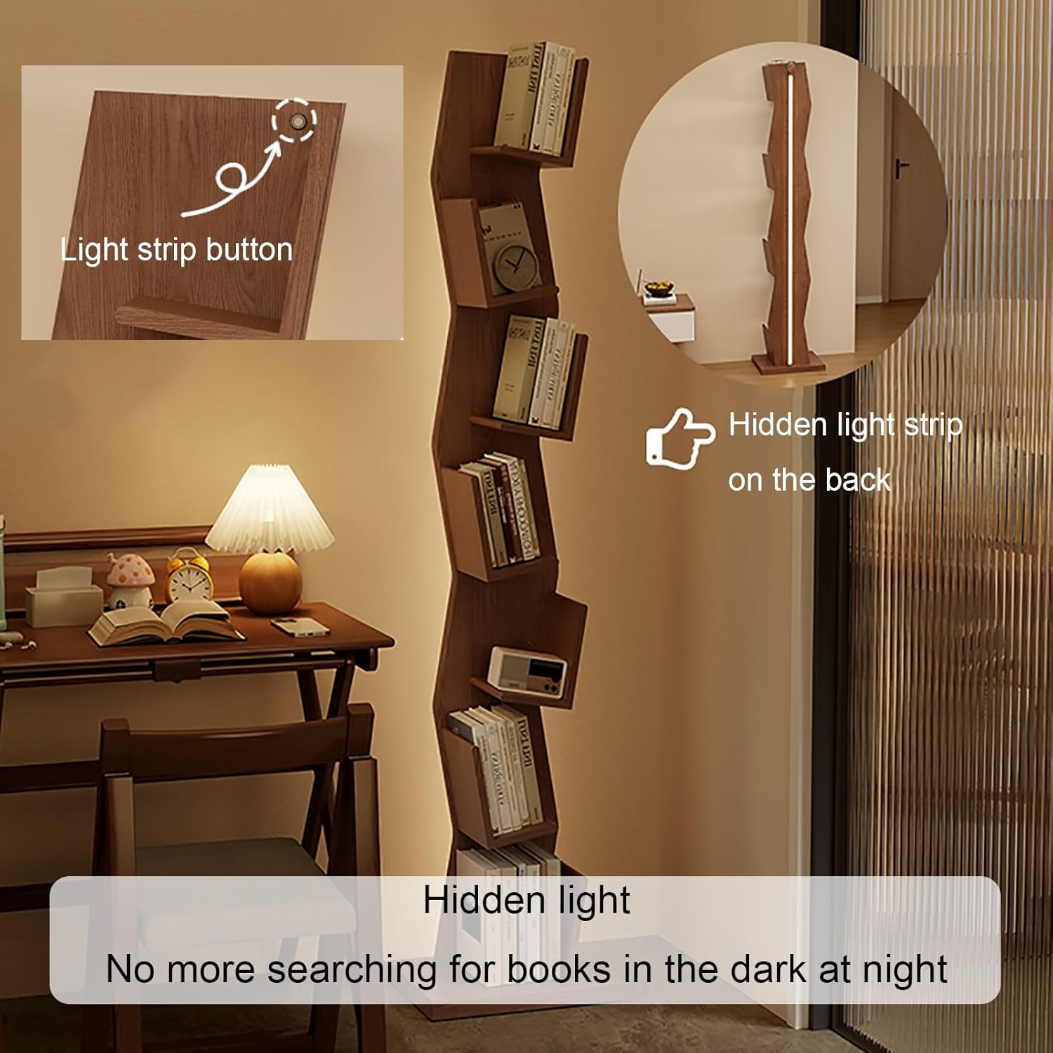 Wood Vertical Bookshelf with Lights, LED Bookcase with Storage Organizer, Corner Bookcase Floor Standing Book Shelf for Living Room, Bedroom & Home Office(Black,128cm/50.4in)