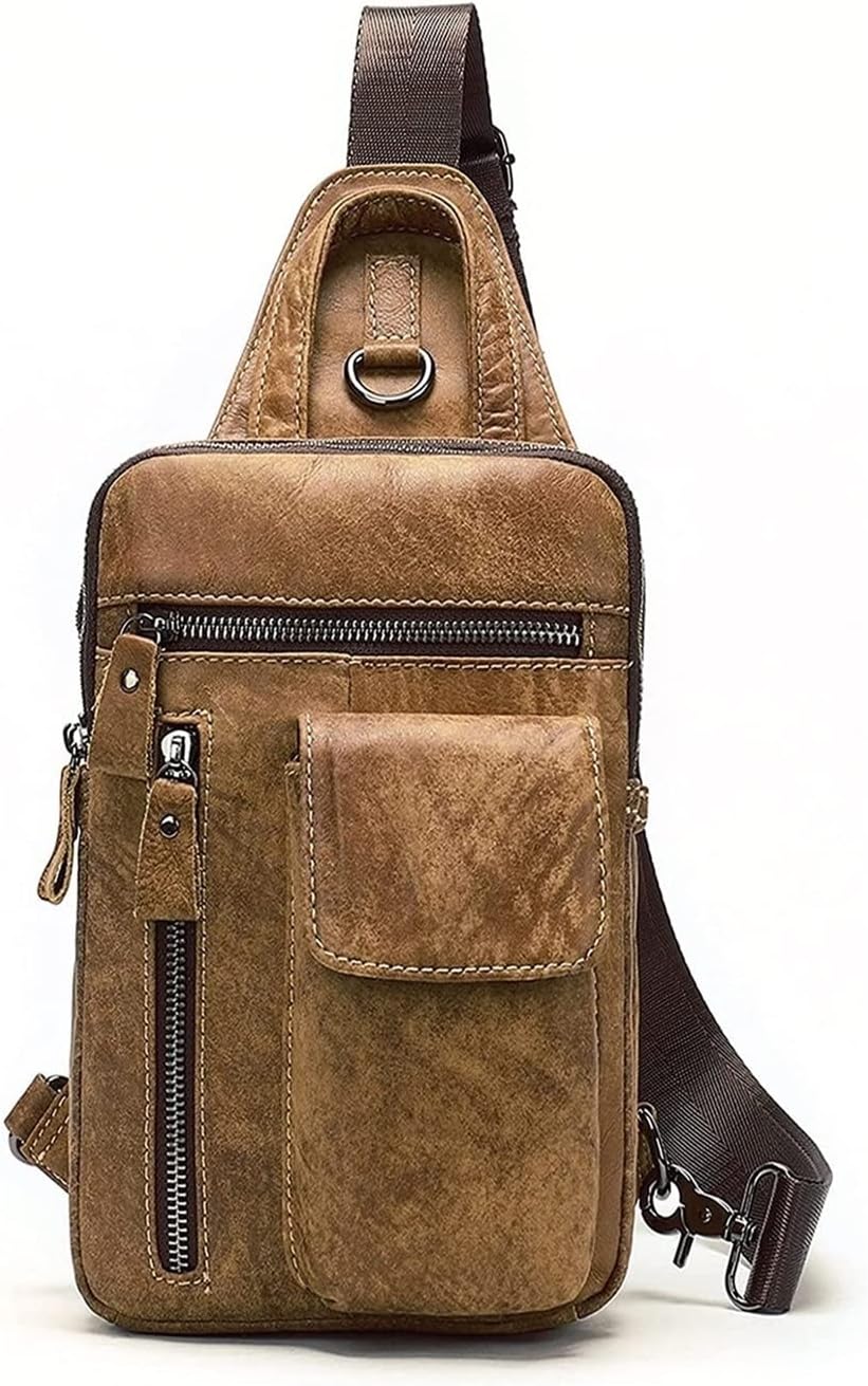 Crossbody Bag Vintage Leather Sling Hiking Cycling Daypack Chest Shoulder Backpack Anti Theft bag