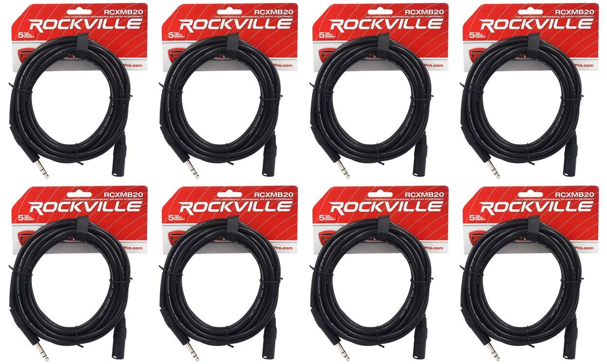 Rockville RCXMB20-B Black 20-ft REAN XLR Male to 1/4-in TRS Balanced Cables, Nickel-Plated, 24-AWG OFC Spiral Shield 90% Coverage, 8-Piece
