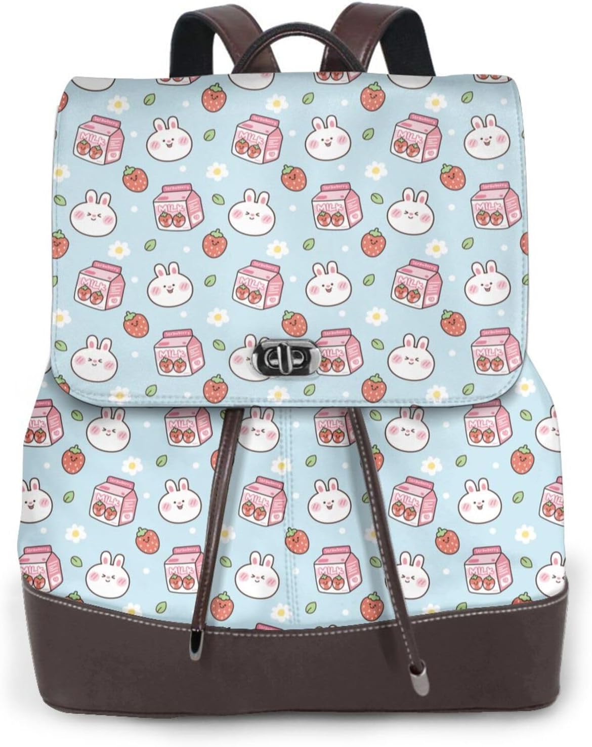 Cute Rabbit with Strawberry Milk for Womens Backpack Purse Microfiber PU Anti-theft Large Fashion Designer Travel Bag Ladies Shoulder Bags