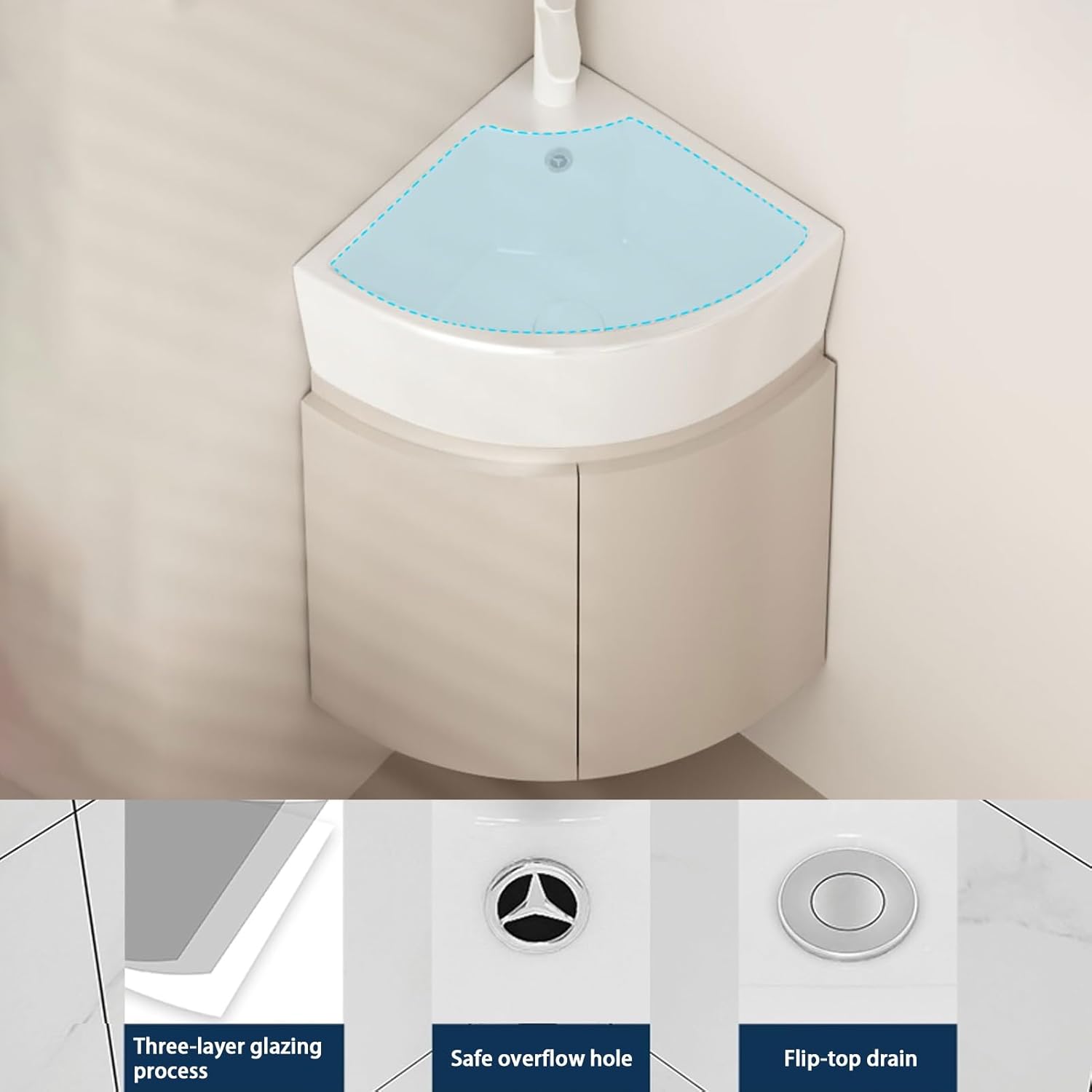 Corner Wall Mount Bathroom Sink, Bathroom Corner Hand Basin Sink, Corner Bathroom Vanity, Bathroom Sink Cabinets with Storage Container, Space Aluminum Material(42cm/16.5in)