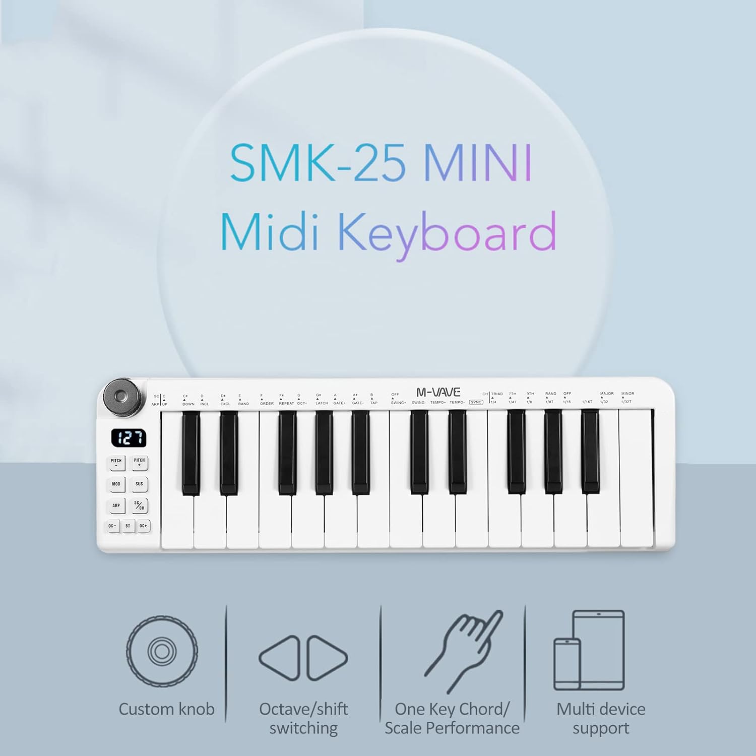 SMK-25mini MIDI Keyboard Rechargeable 25-Key MIDI Control Keyboard Mini Portable USB Keyboard MIDI Controller with 25 Velocity Sensitive Keys 1 Knob