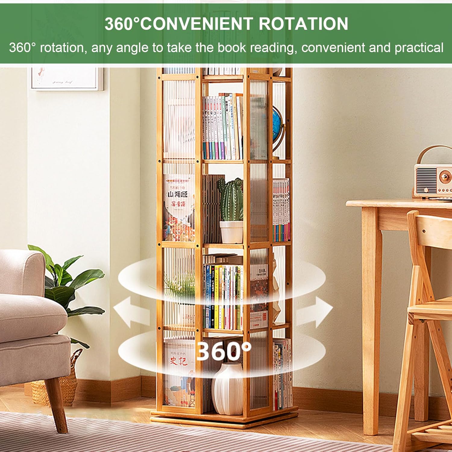 ARMERI 6 Tier Bamboo Bookcase Corner Tall Book Shelf Modern 360° Rotating Storage Display Rack Floor Standing Shelves with Open Design Shelving Unit for Home Office Living Room Study,Brown,6 Tier