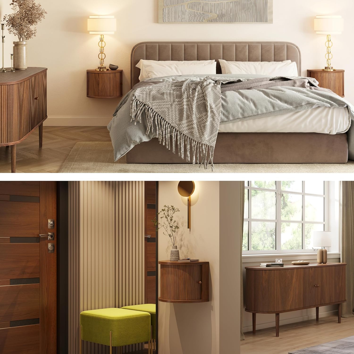 WERMO 16'' Floating Nightstand with Storage and Sliding Door - Floating Side Table for Living Room, Bedroom and Office. Mid Century Modern Nightstand Wood, Bedside Shelf Wall Mount (Walnut)