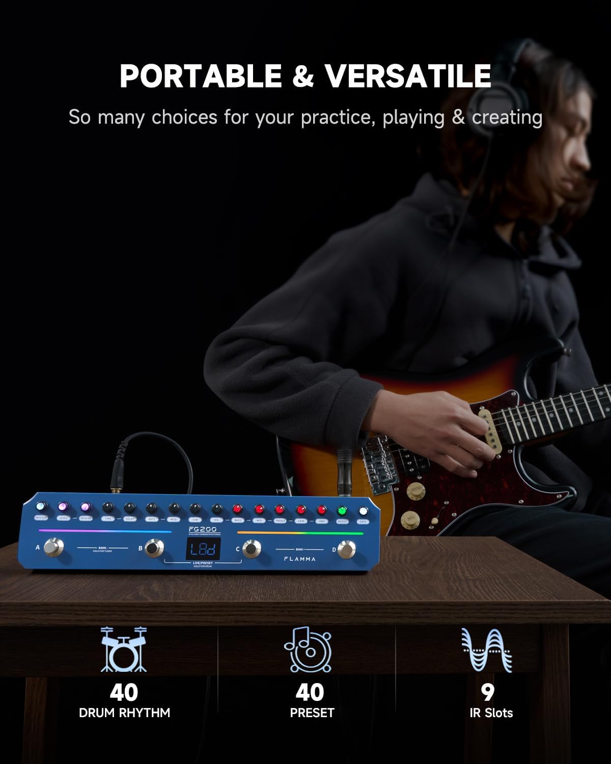 FLAMMA FG200 Intelligent Multi-Effects Guitar Pedal with 52 AMP Models 5 BOOST Models 16 CAB Simulations 7 Effects Modules 9 IR Slots 40 Presets 40 Rhythm Styles Support APP OTG