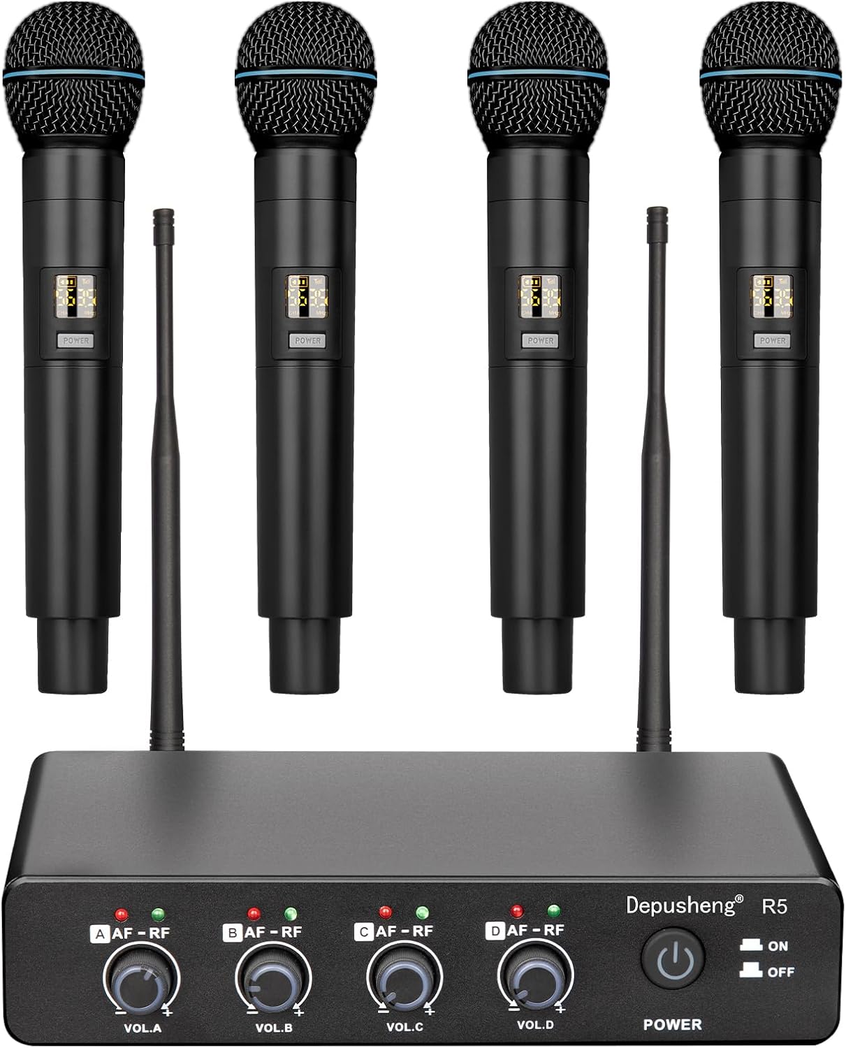 Depusheng R5 Wireless Microphone, Professional UHF Cordless Four Dynamic Mic Handheld Microphone System 1/4‘’Output for Home Karaoke, Meeting, Party, Church, DJ, Wedding, Home KTV Set