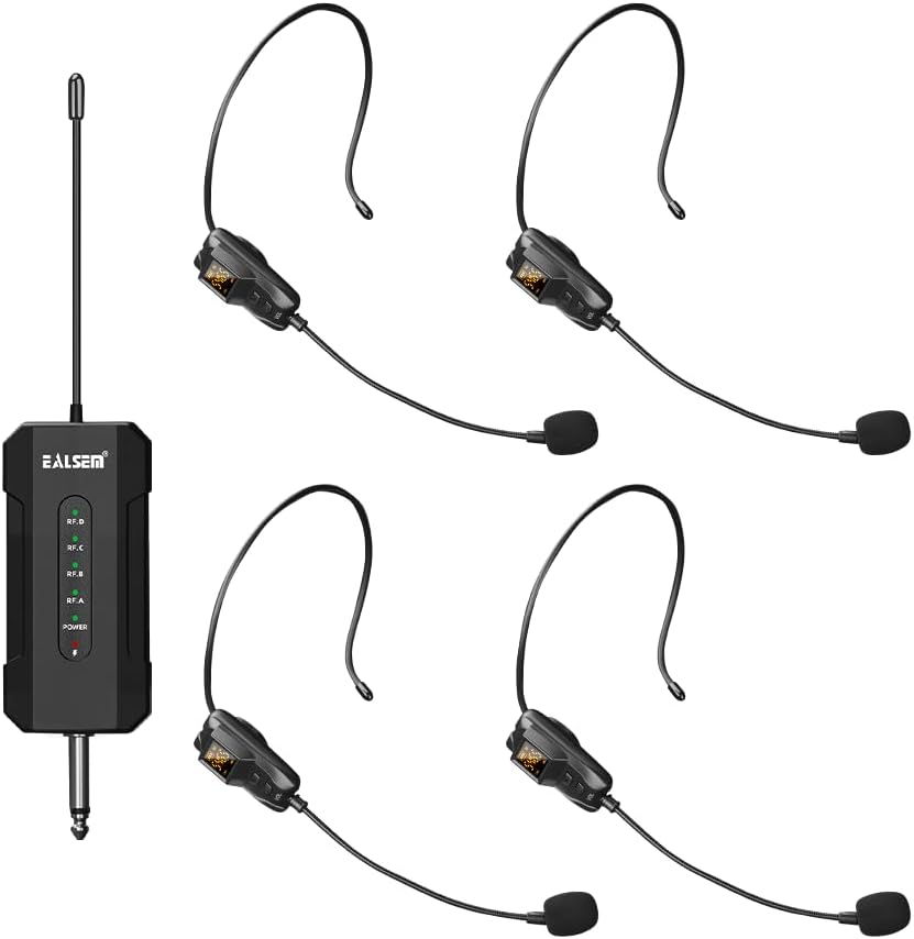 ES-384 4-CH UHF Wireless Headset Microphone System - 164ft Range, Rechargeable Receiver, Plug-and-Play for Live Events - 4 Headset Mics Included